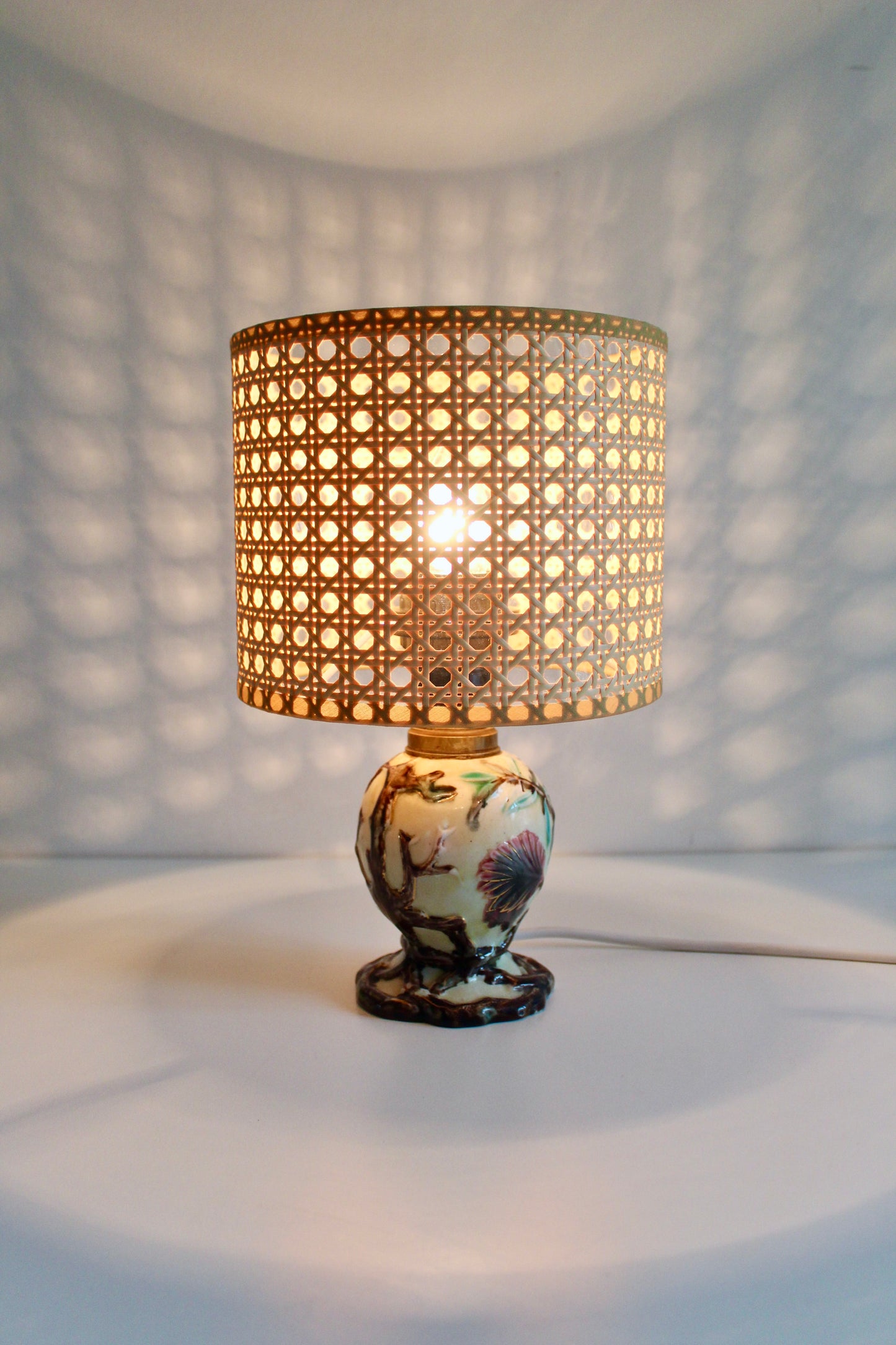 Vintage Floral Ceramic Table Lamp with Cane Shade