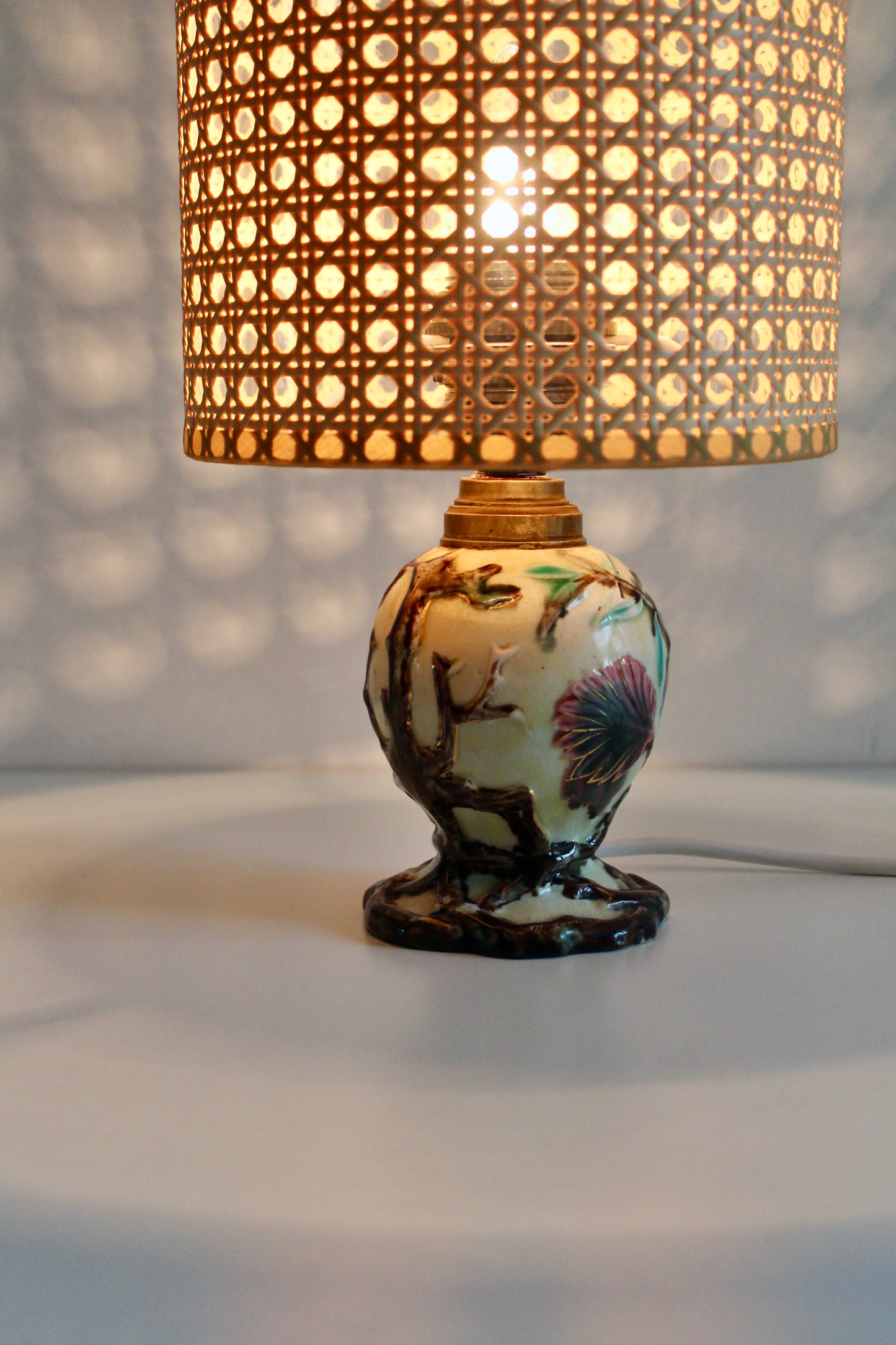 Vintage Floral Ceramic Table Lamp with Cane Shade