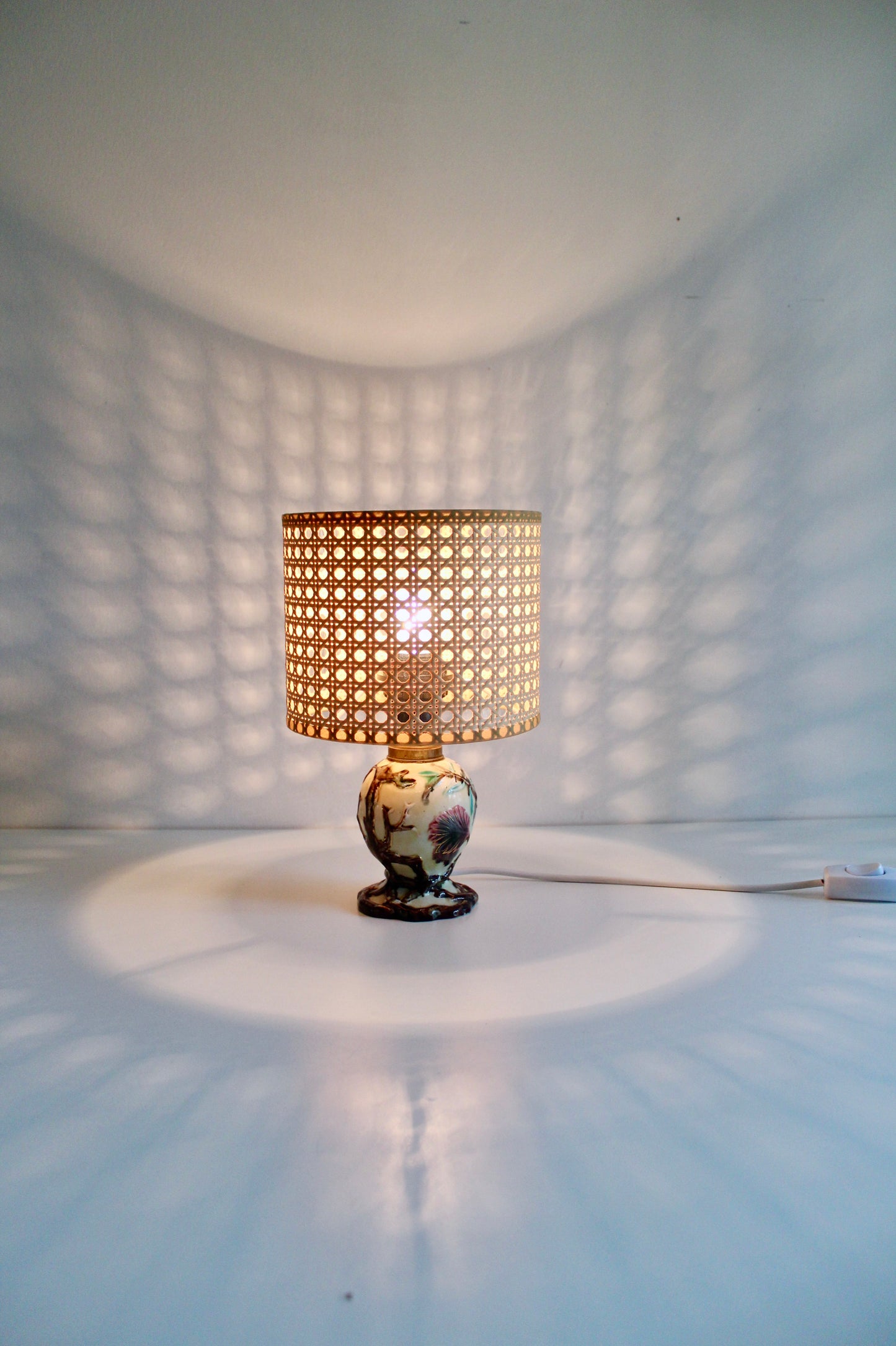 Vintage Floral Ceramic Table Lamp with Cane Shade