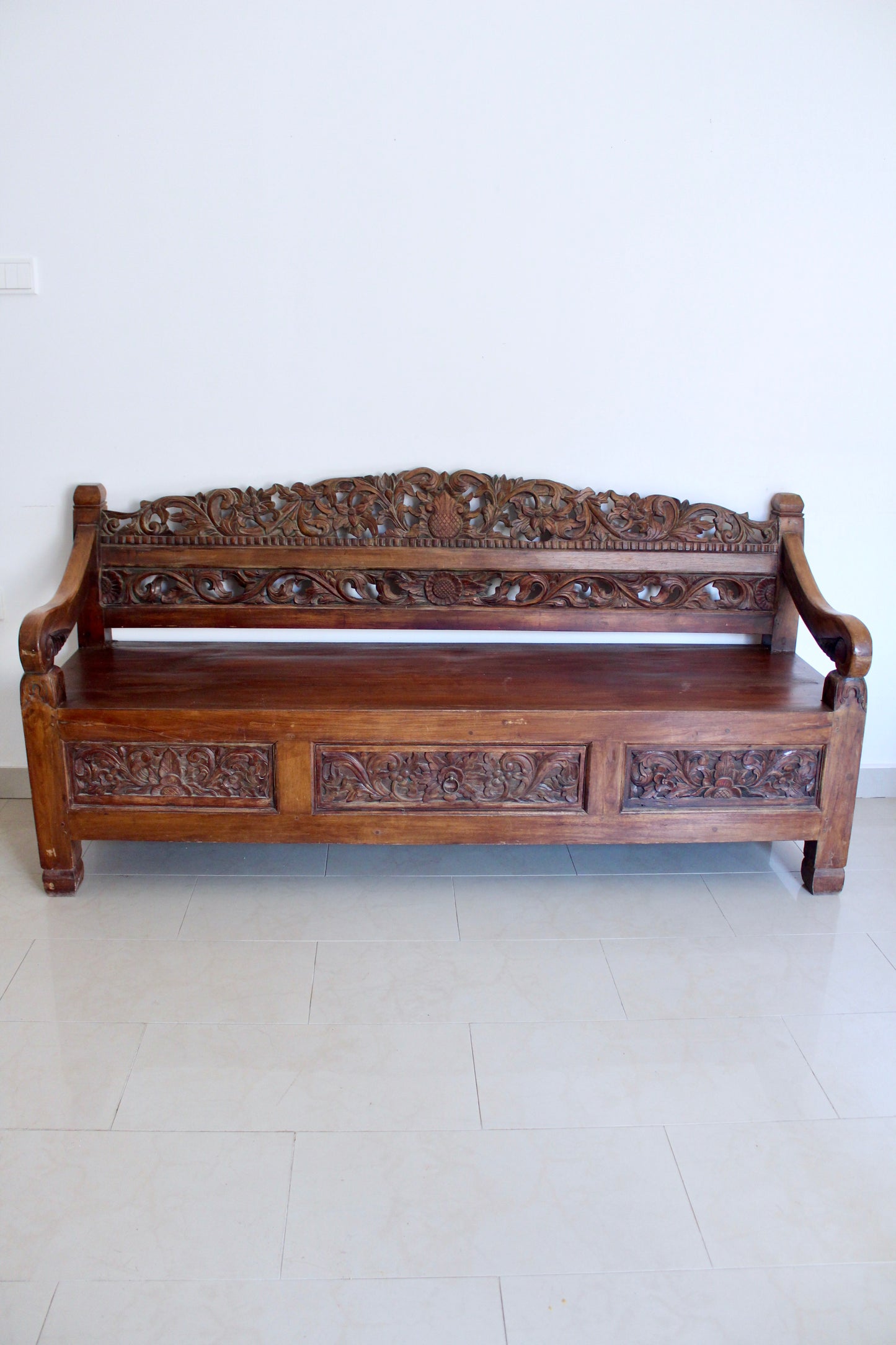 Vintage Indonesian Hand-Carved Hardwood Bench – 185cm