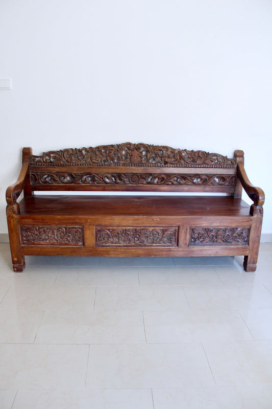 Vintage Indonesian Hand-Carved Hardwood Bench – 185cm