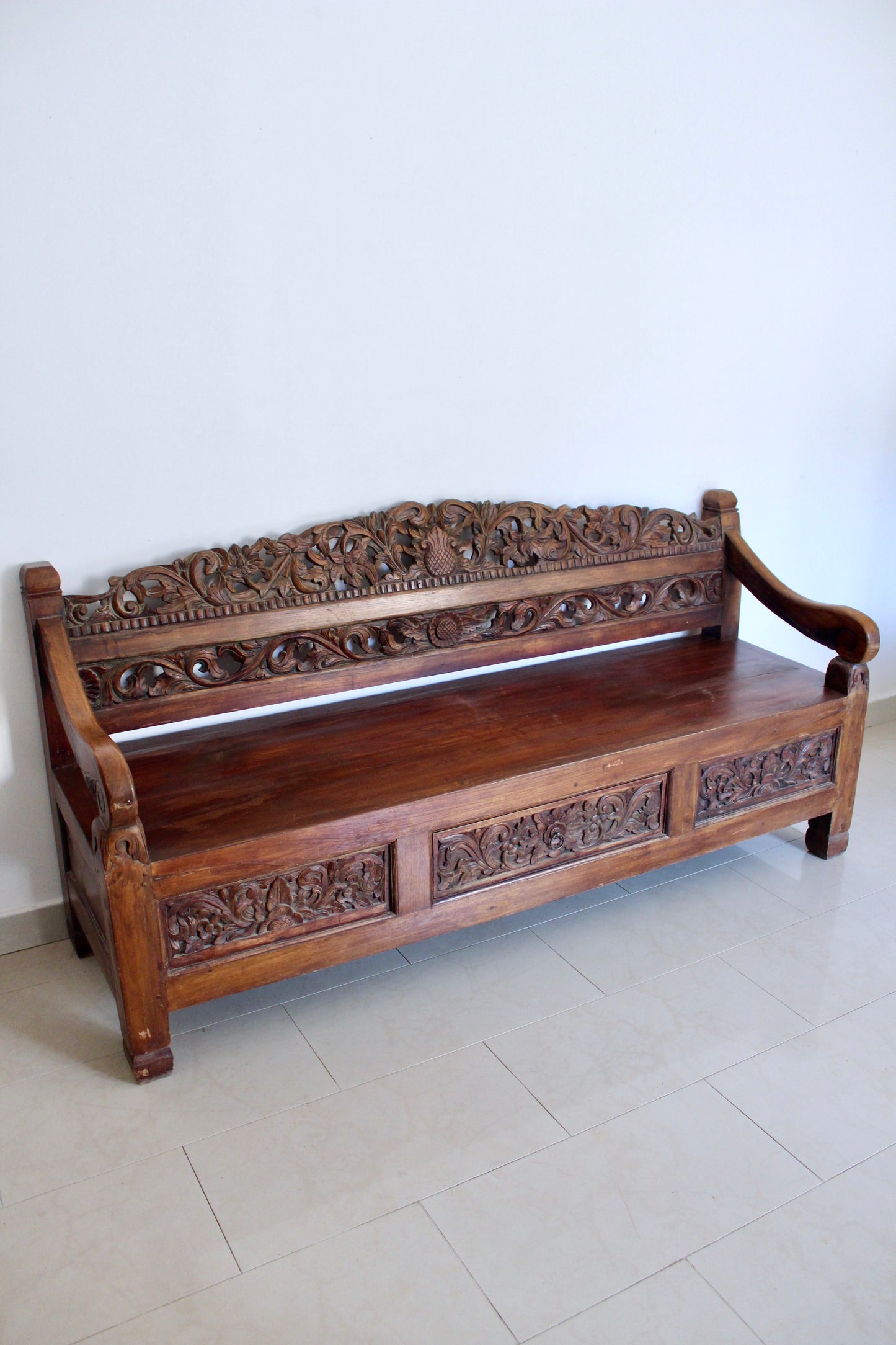 Vintage Indonesian Hand-Carved Hardwood Bench – 185cm