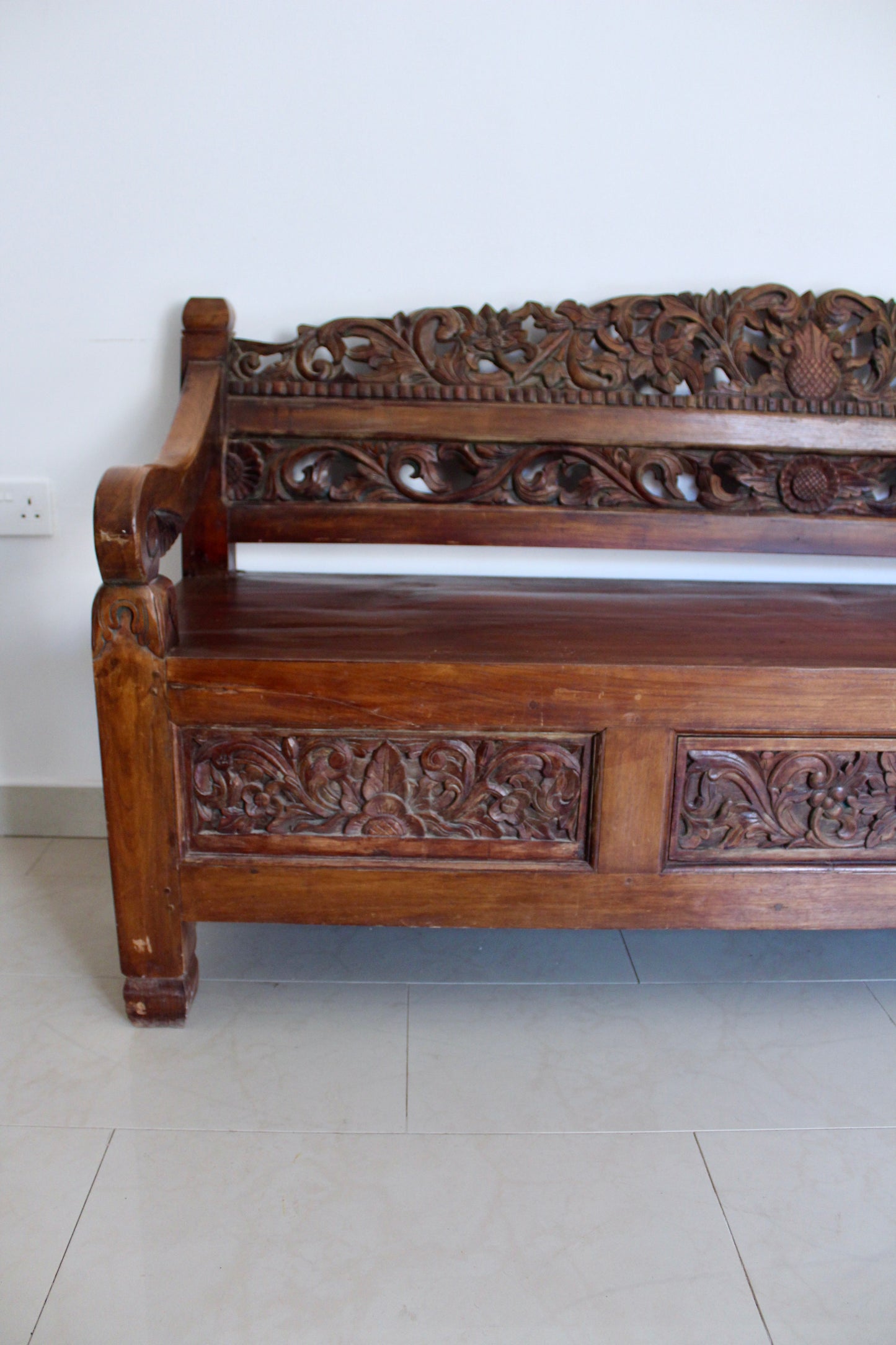 Vintage Indonesian Hand-Carved Hardwood Bench – 185cm