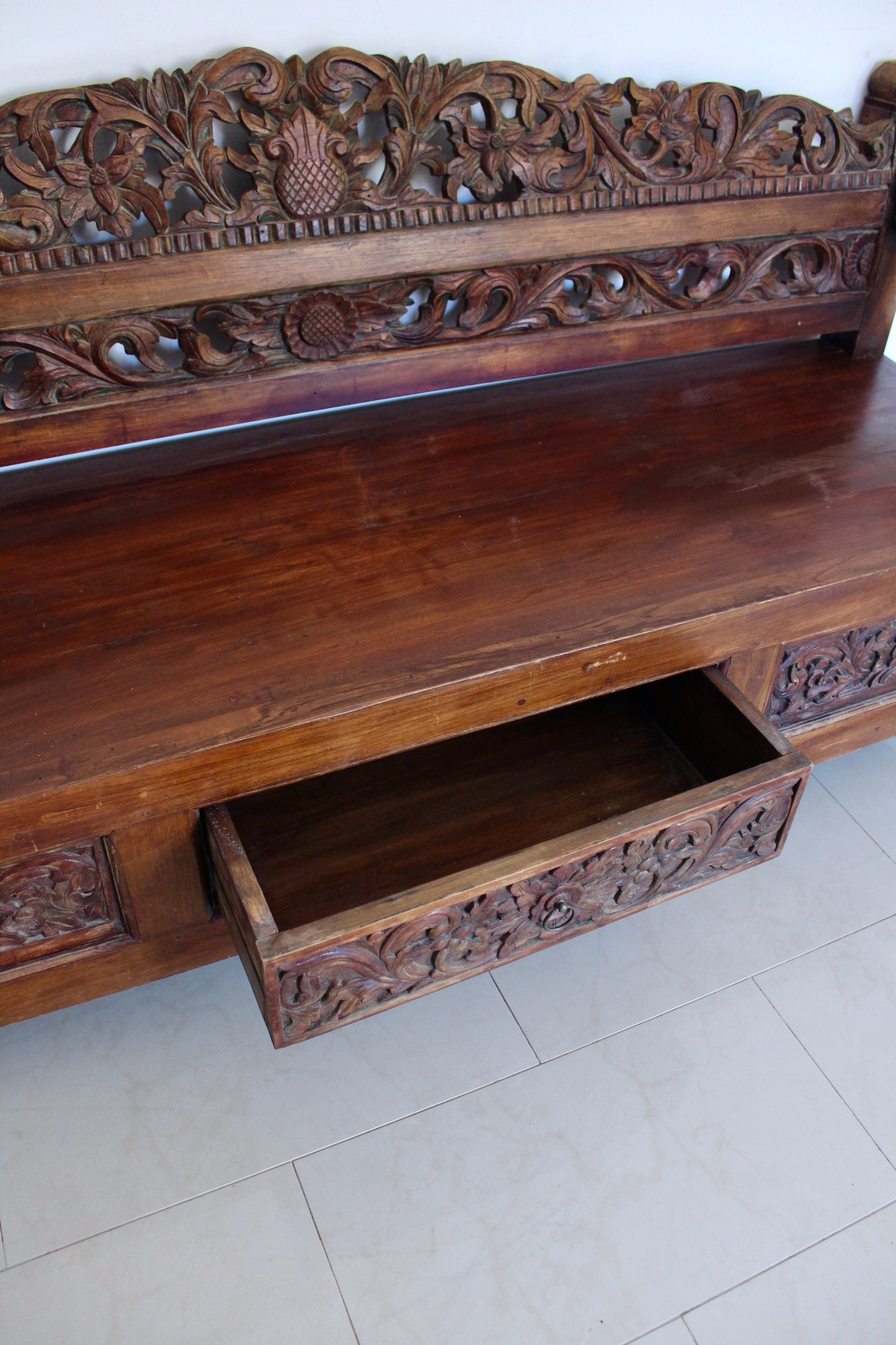 Vintage Indonesian Hand-Carved Hardwood Bench – 185cm