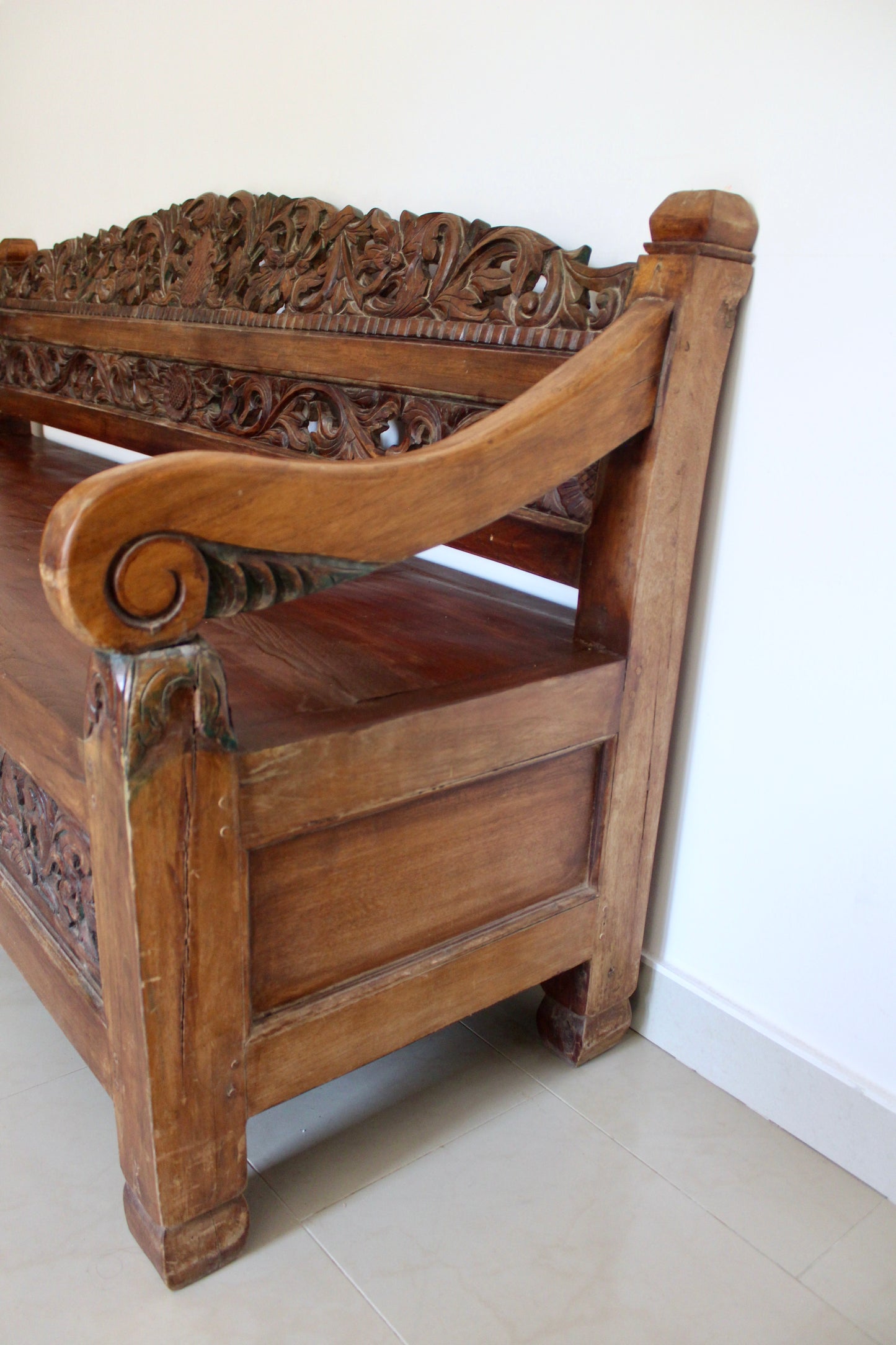 Vintage Indonesian Hand-Carved Hardwood Bench – 185cm