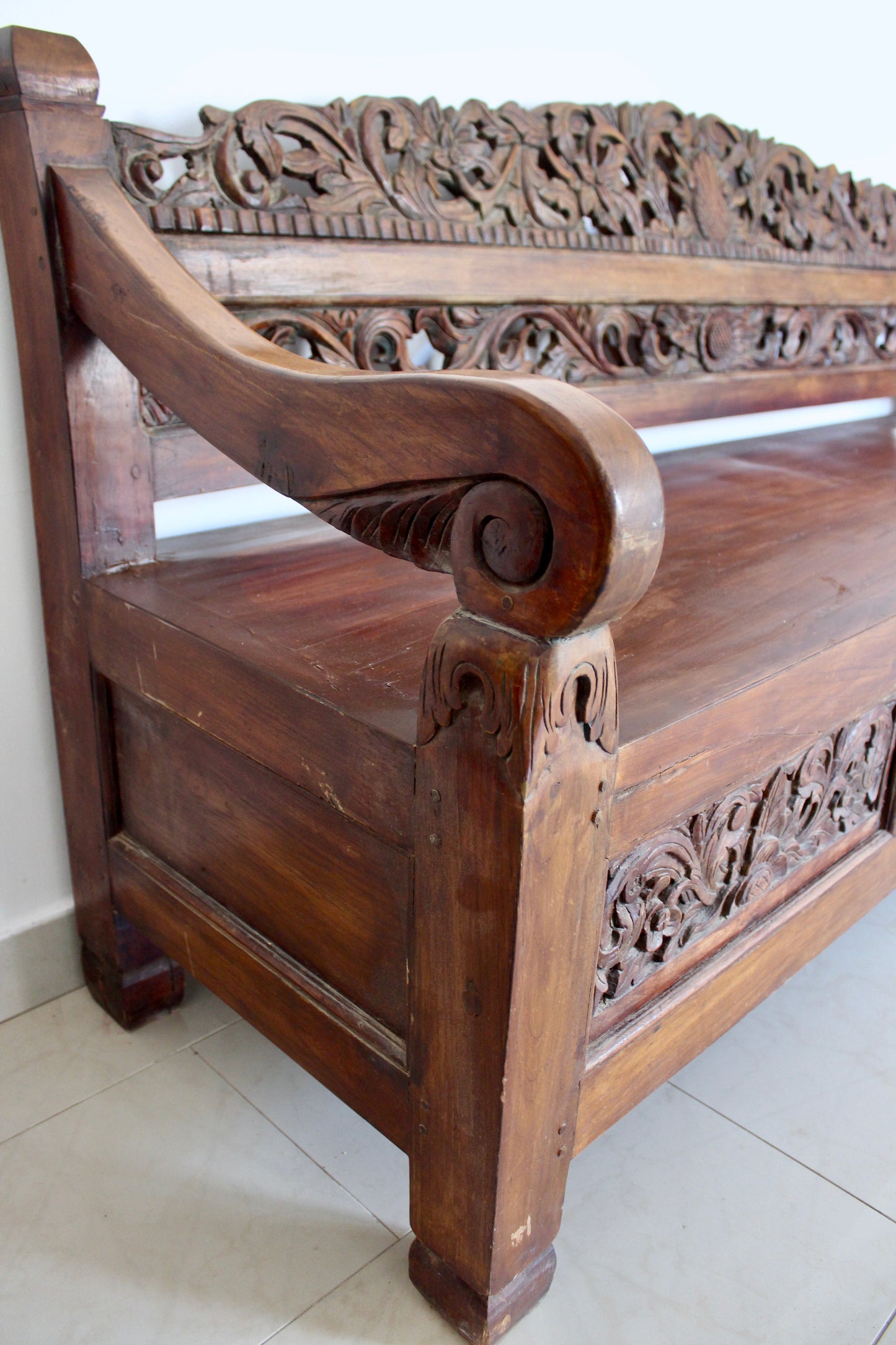 Vintage Indonesian Hand-Carved Hardwood Bench – 185cm