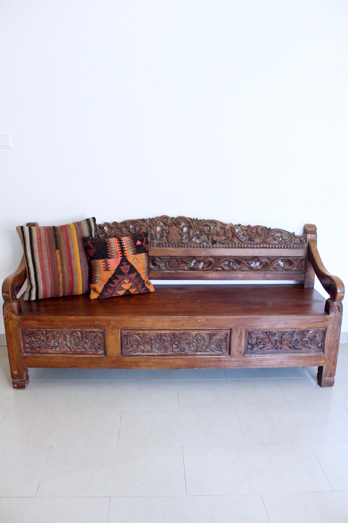 Vintage Indonesian Hand-Carved Hardwood Bench – 185cm