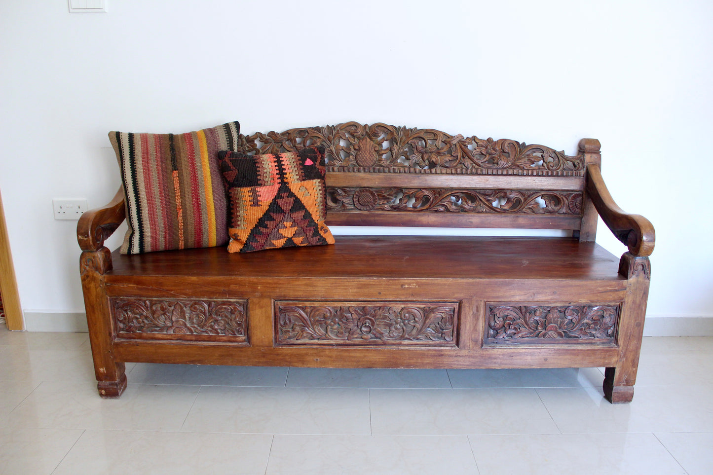 Vintage Indonesian Hand-Carved Hardwood Bench – 185cm