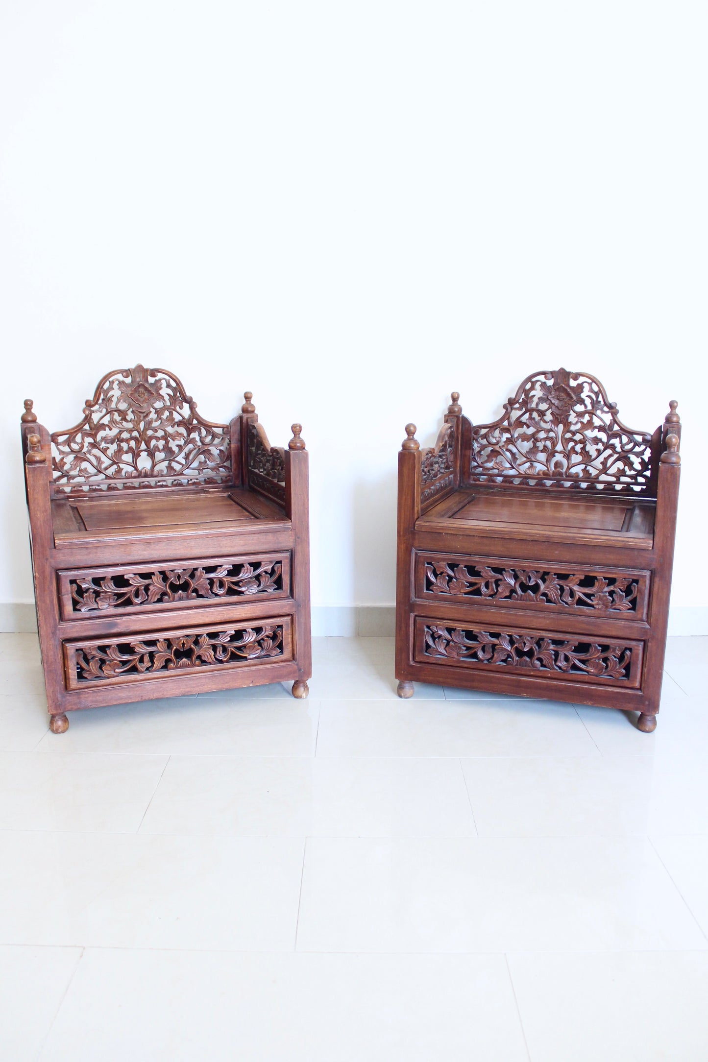 Pair of Vintage Indonesian Hand-Carved Hall Chairs