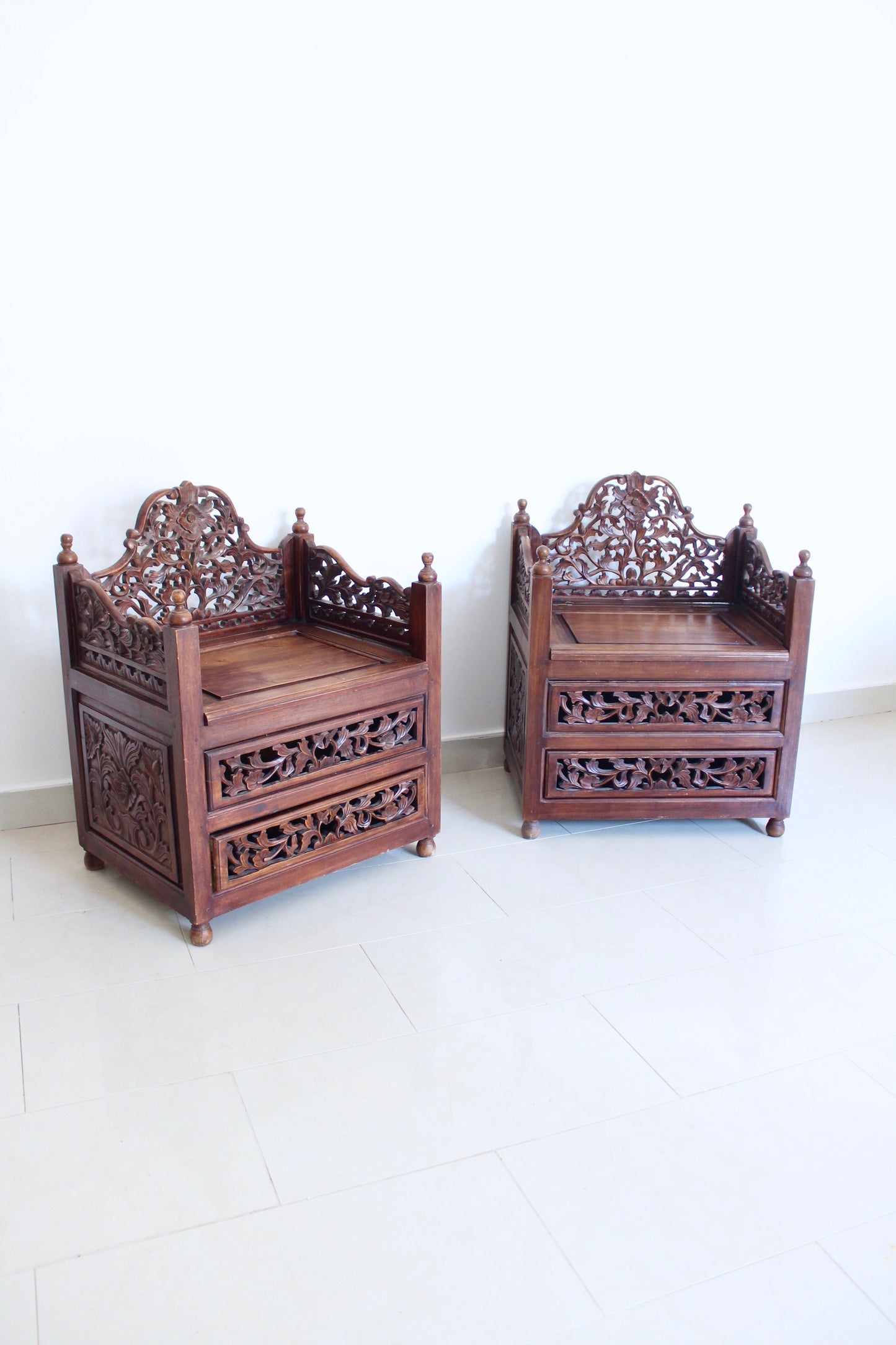 Pair of Vintage Indonesian Hand-Carved Hall Chairs