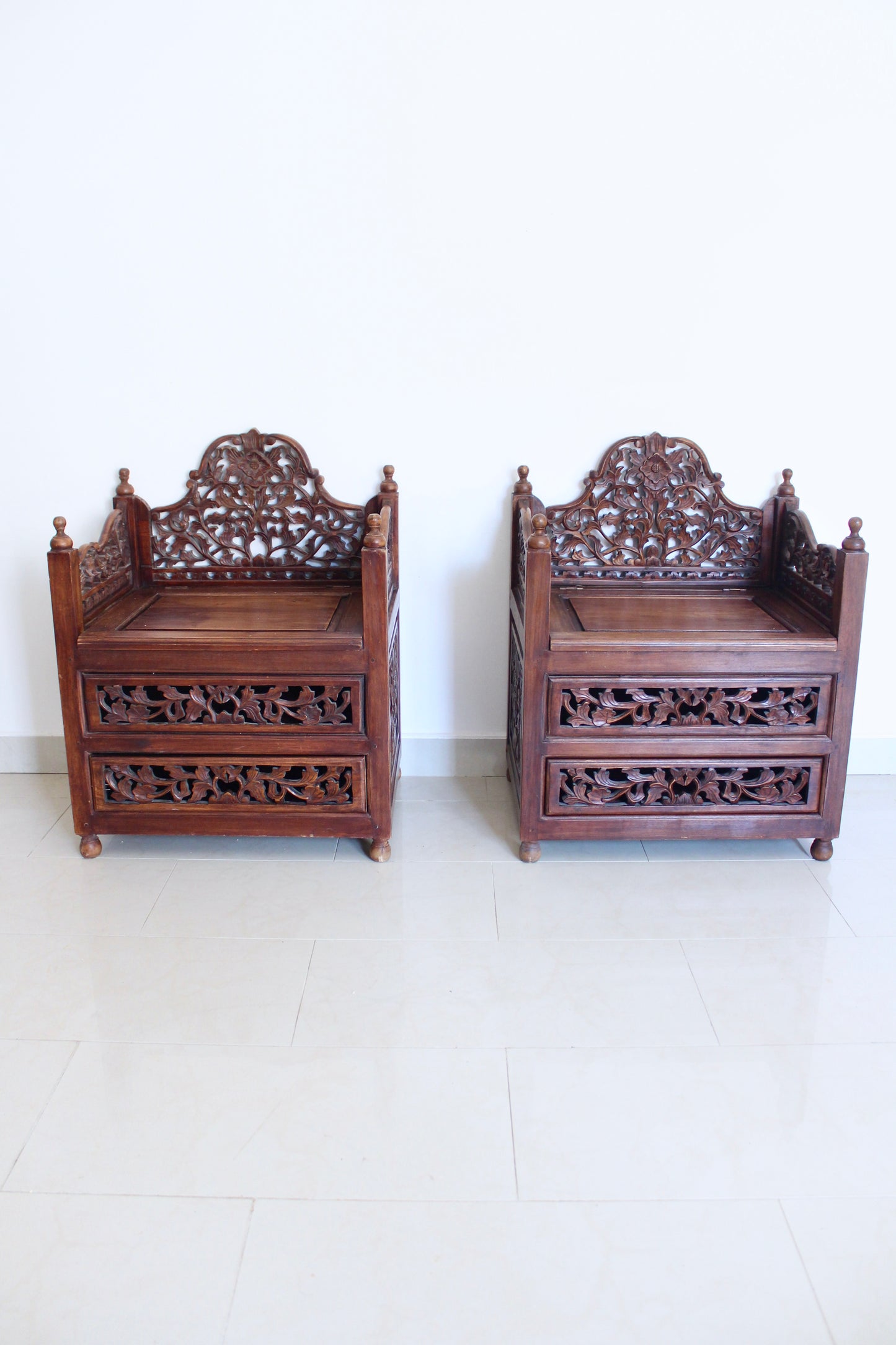 Pair of Vintage Indonesian Hand-Carved Hall Chairs