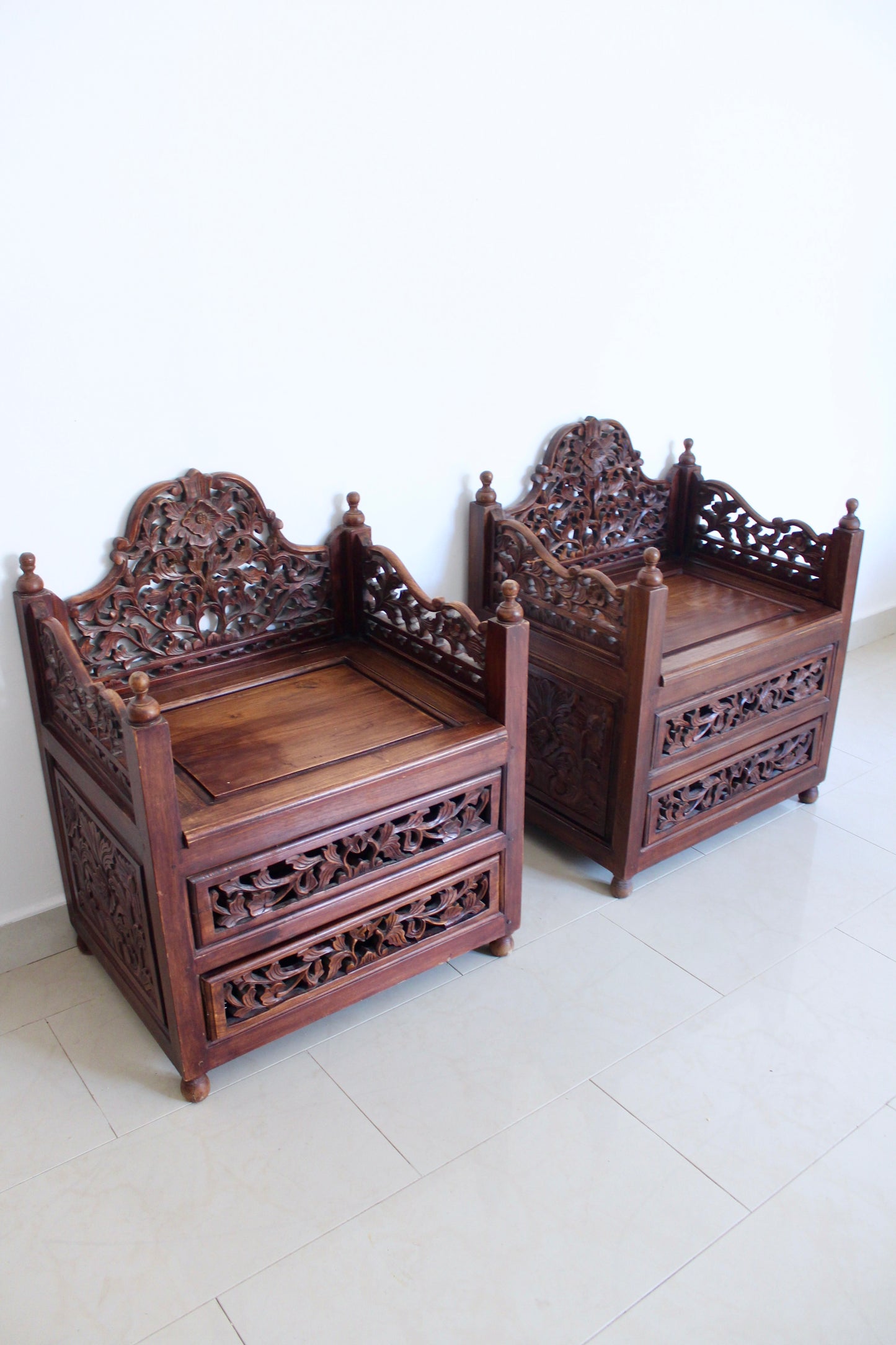 Pair of Vintage Indonesian Hand-Carved Hall Chairs