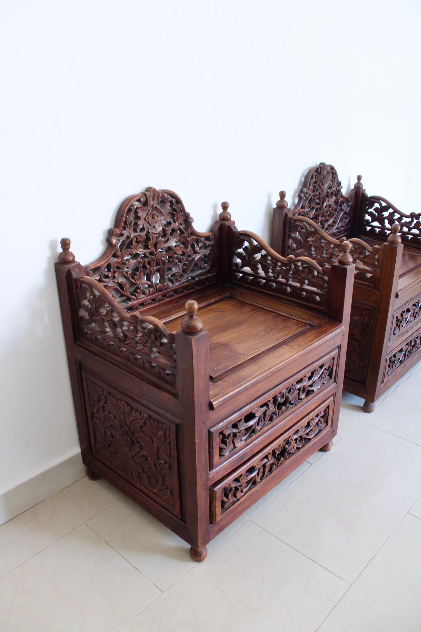 Pair of Vintage Indonesian Hand-Carved Hall Chairs
