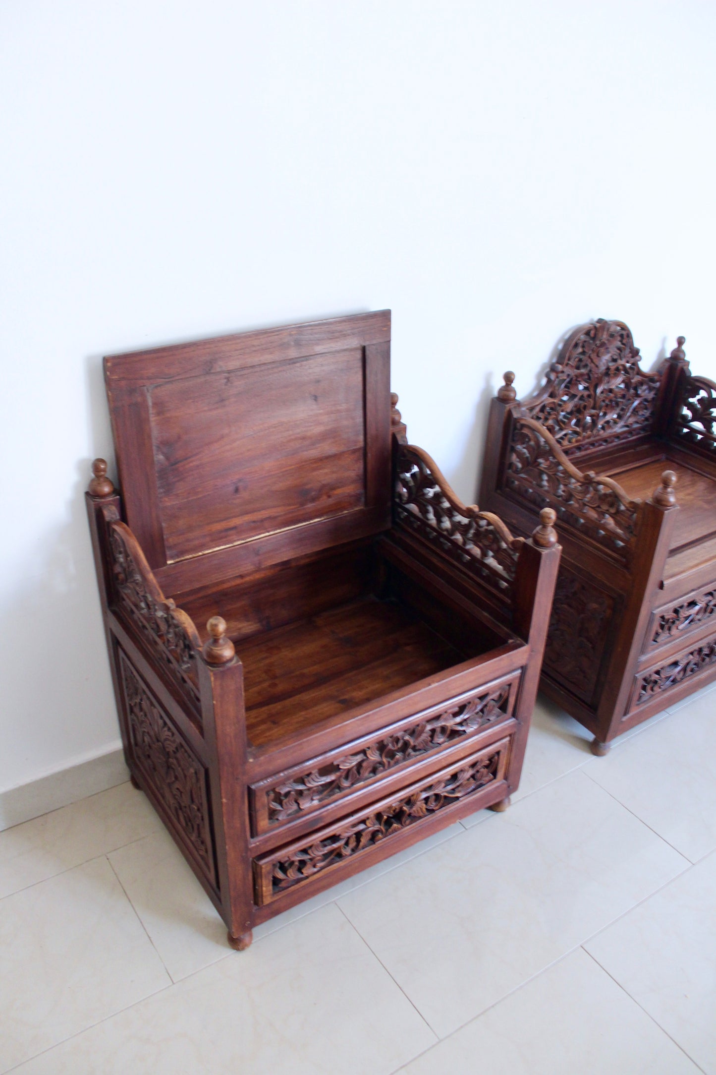 Pair of Vintage Indonesian Hand-Carved Hall Chairs