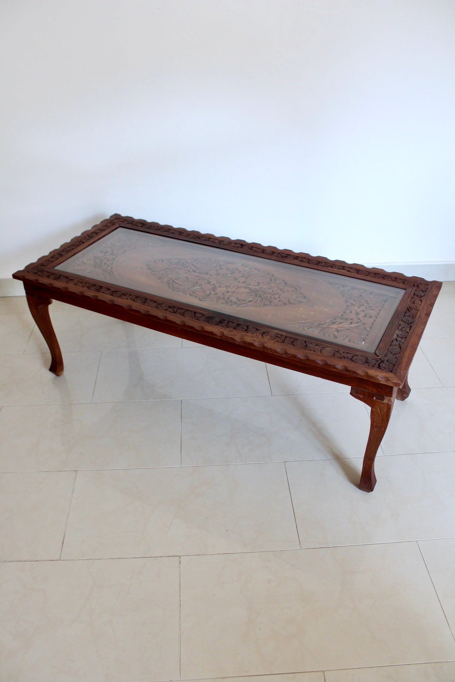 Vintage Indian Hand-Carved Hardwood & Glass Coffee Table
