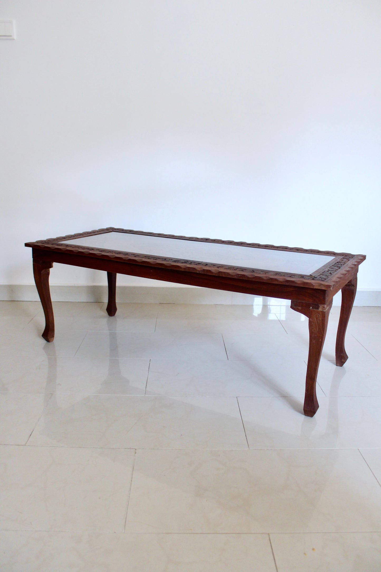 Vintage Indian Hand-Carved Hardwood & Glass Coffee Table