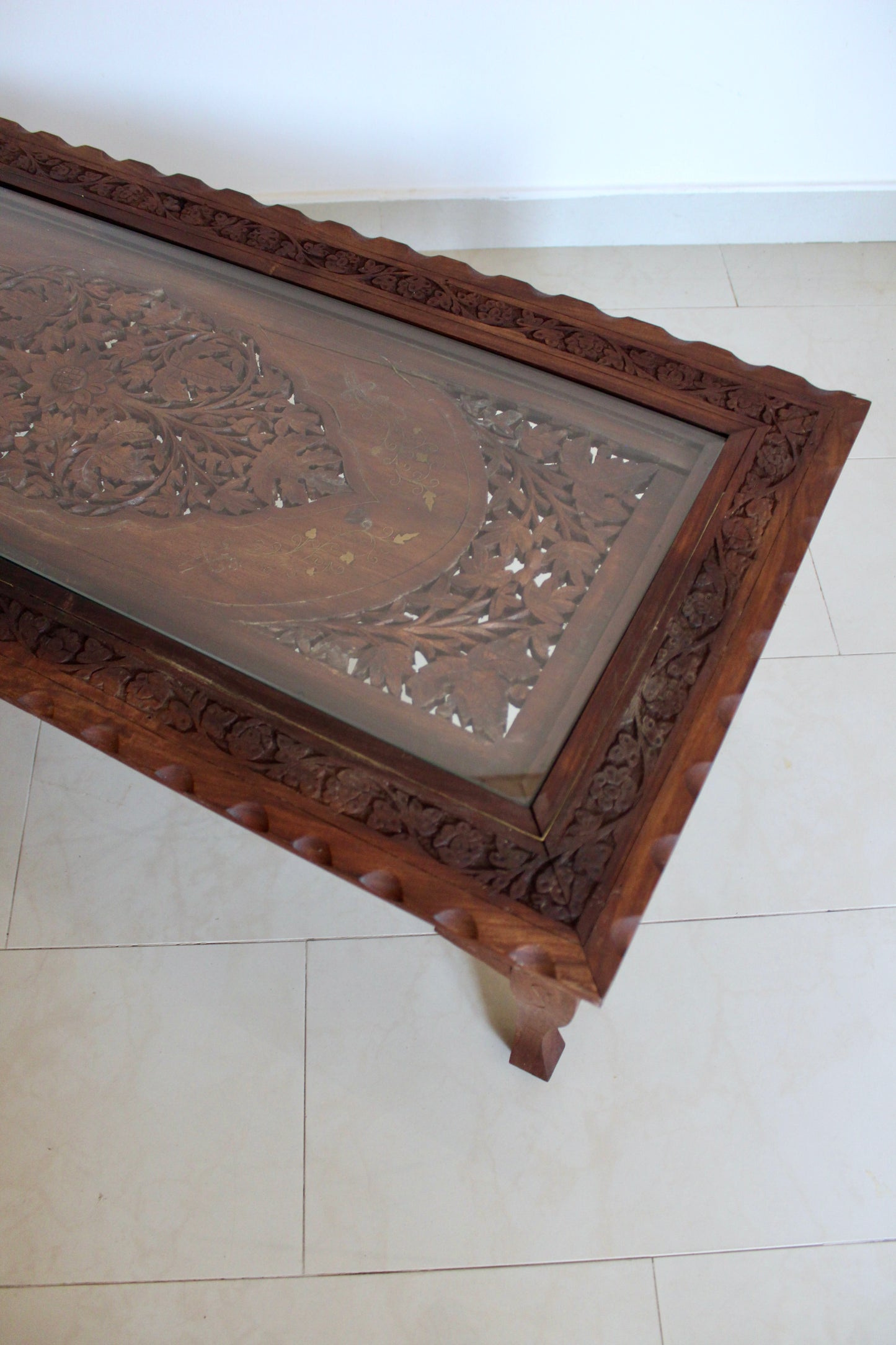 Vintage Indian Hand-Carved Hardwood & Glass Coffee Table