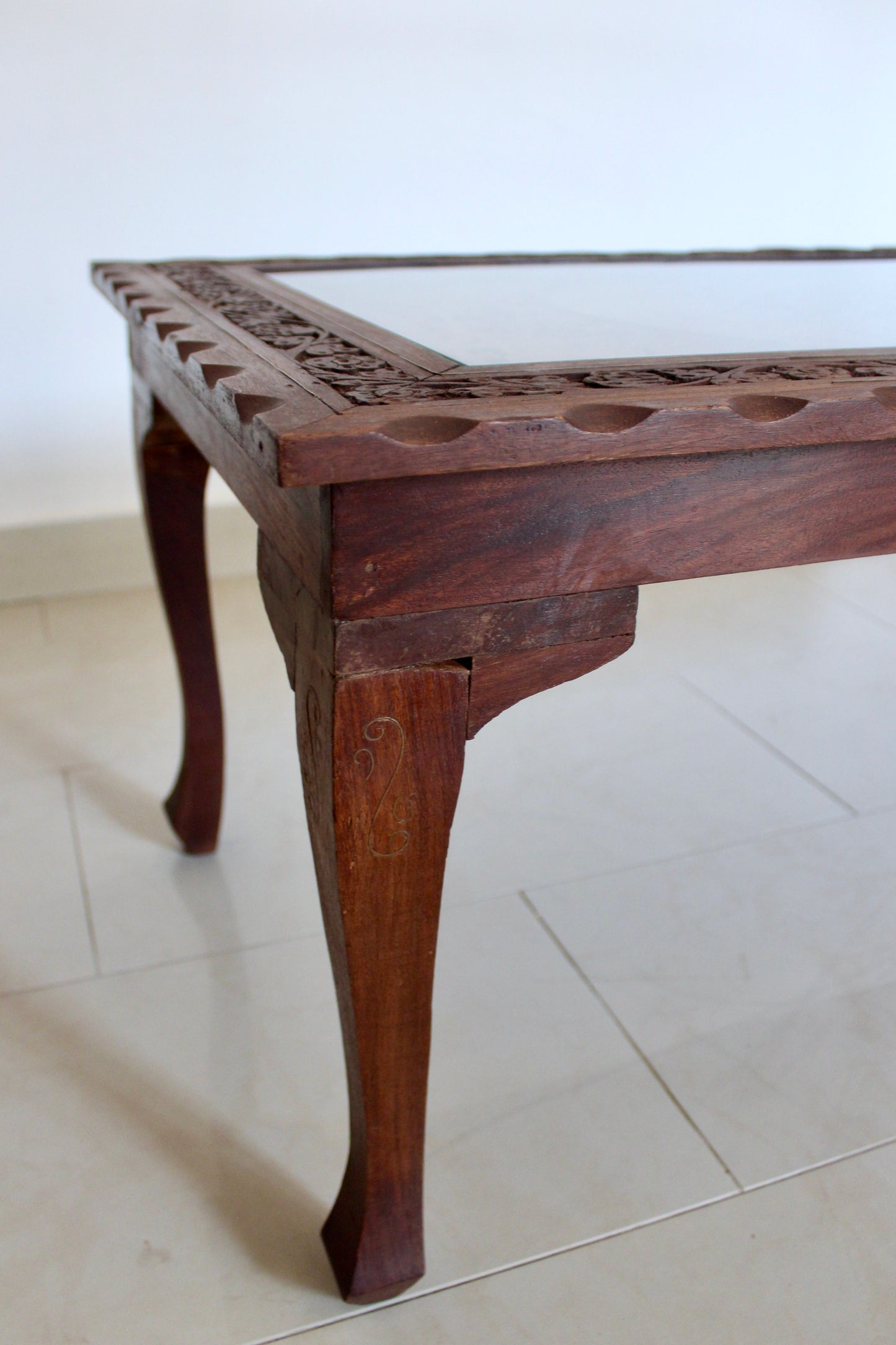 Vintage Indian Hand-Carved Hardwood & Glass Coffee Table