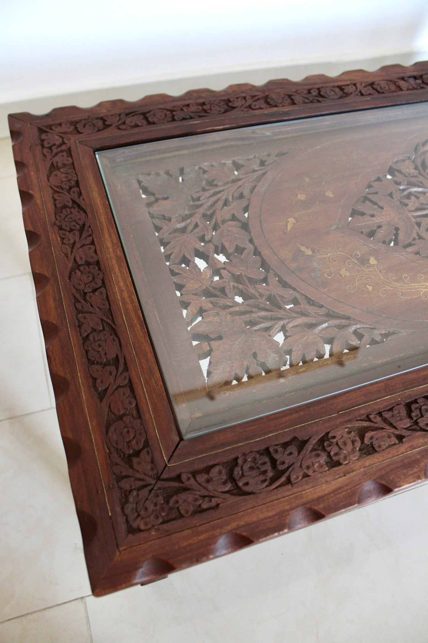 Vintage Indian Hand-Carved Hardwood & Glass Coffee Table