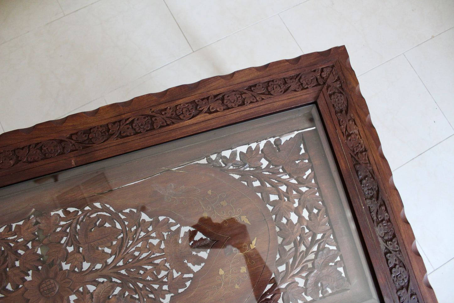 Vintage Indian Hand-Carved Hardwood & Glass Coffee Table