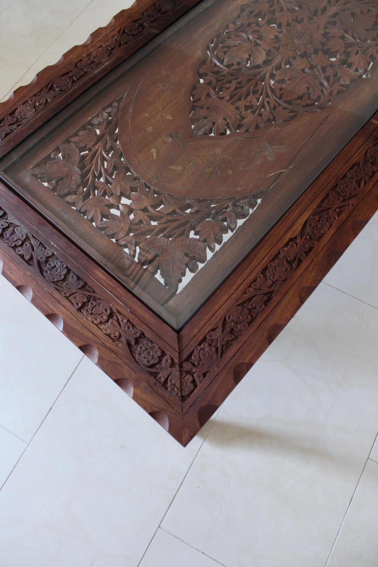 Vintage Indian Hand-Carved Hardwood & Glass Coffee Table