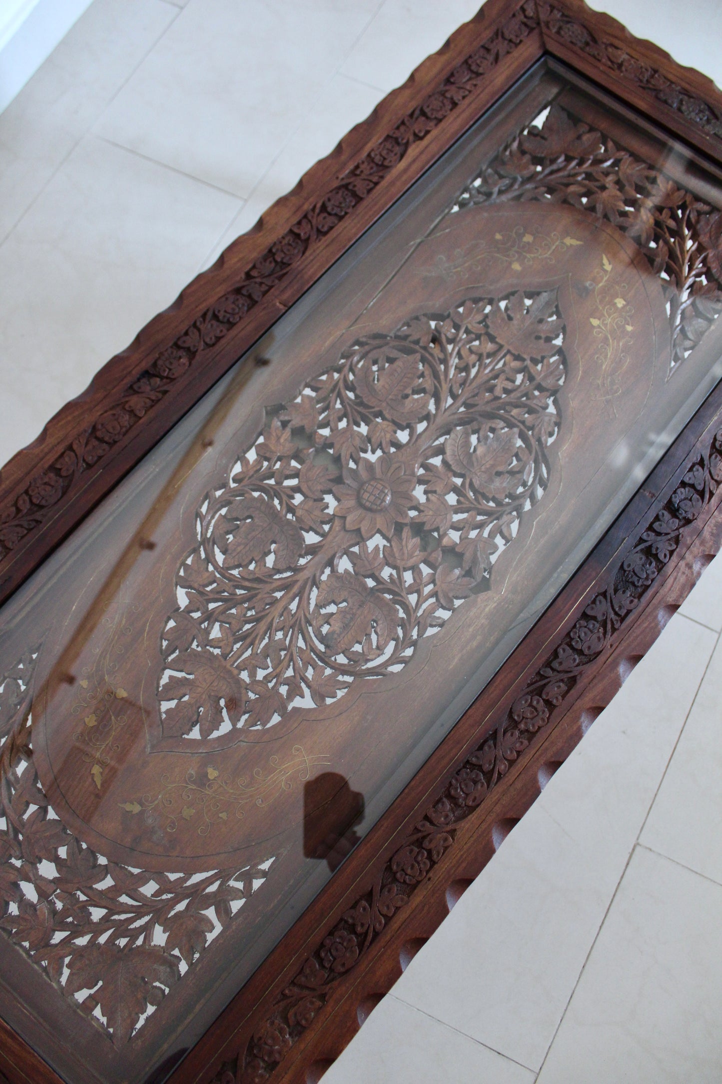 Vintage Indian Hand-Carved Hardwood & Glass Coffee Table