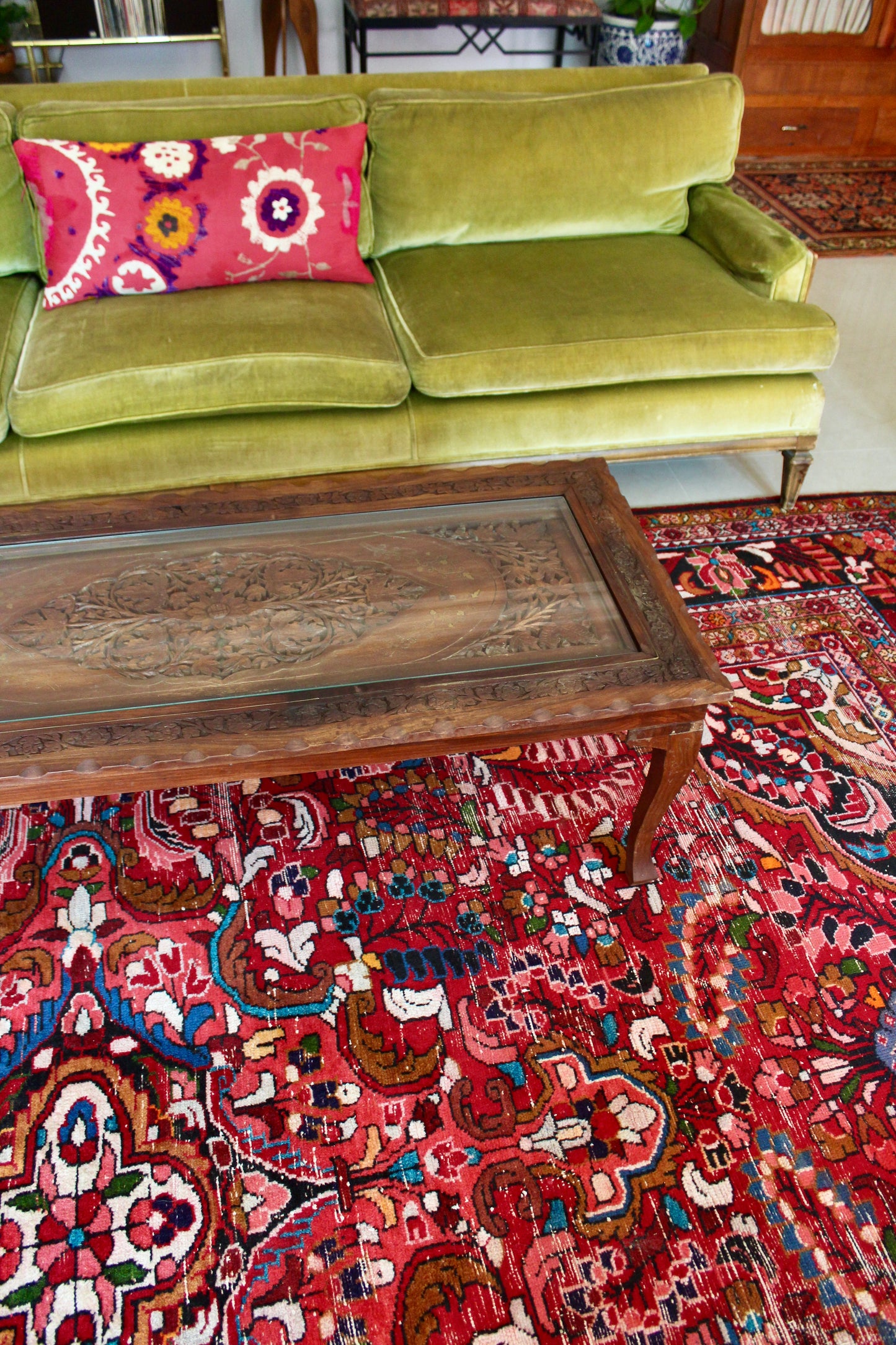 Vintage Indian Hand-Carved Hardwood & Glass Coffee Table
