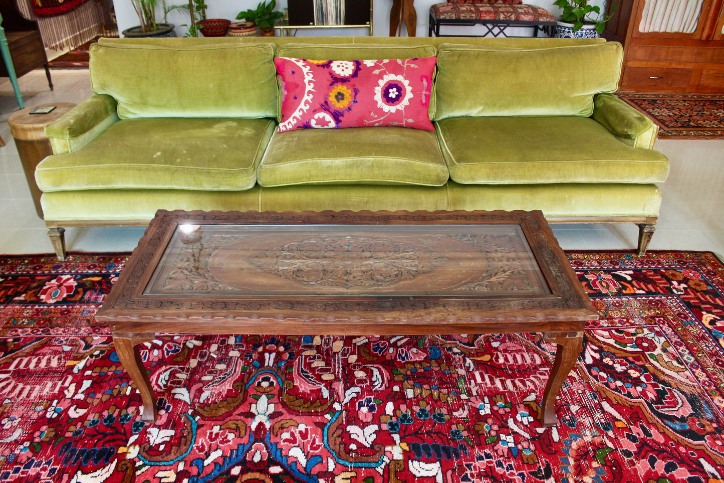 Vintage Indian Hand-Carved Hardwood & Glass Coffee Table