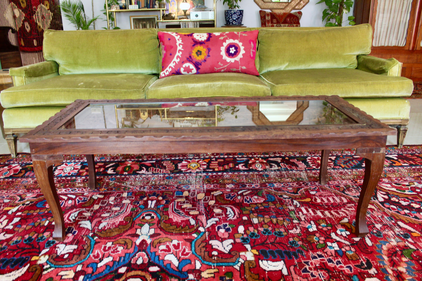 Vintage Indian Hand-Carved Hardwood & Glass Coffee Table