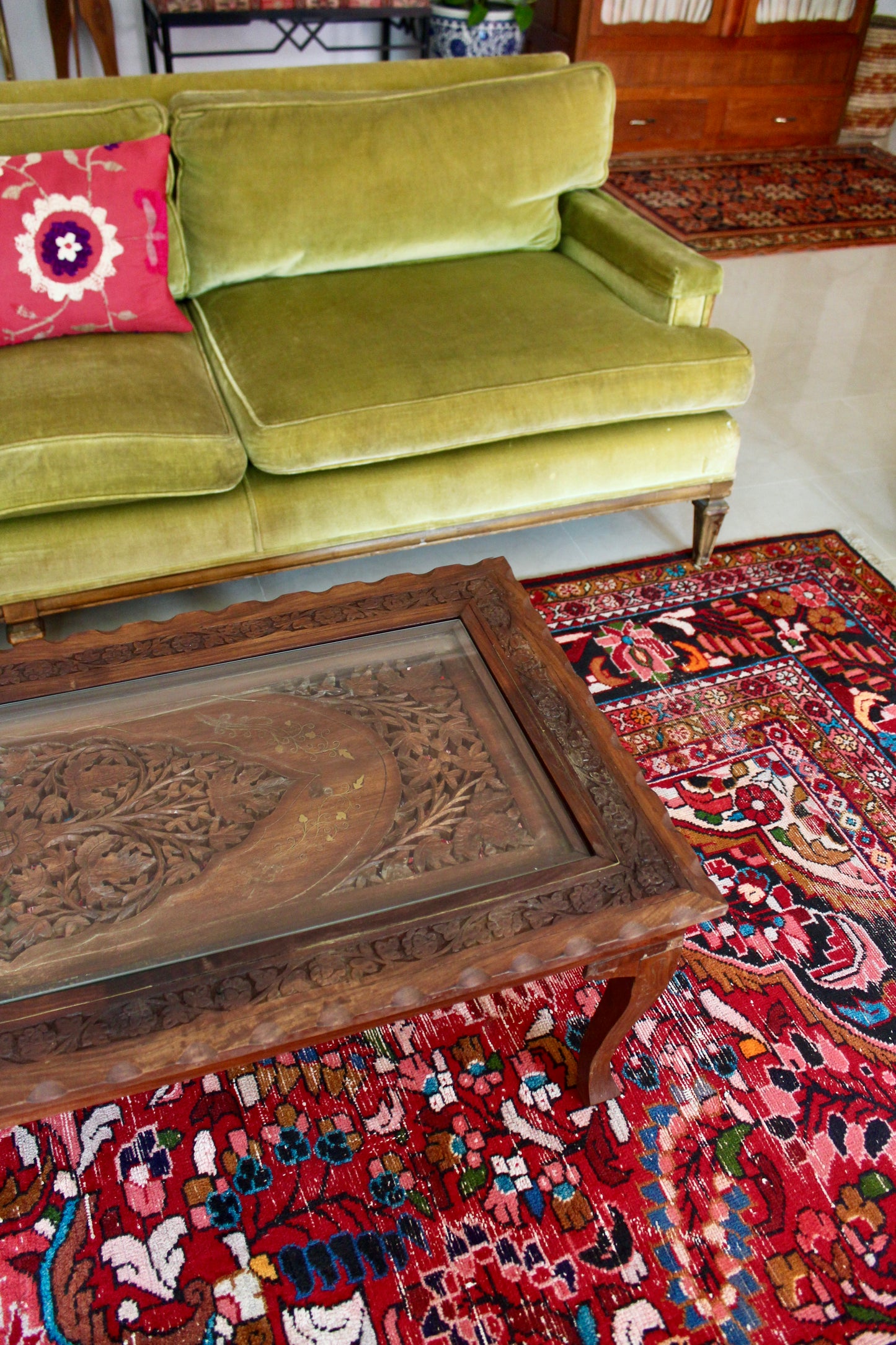Vintage Indian Hand-Carved Hardwood & Glass Coffee Table
