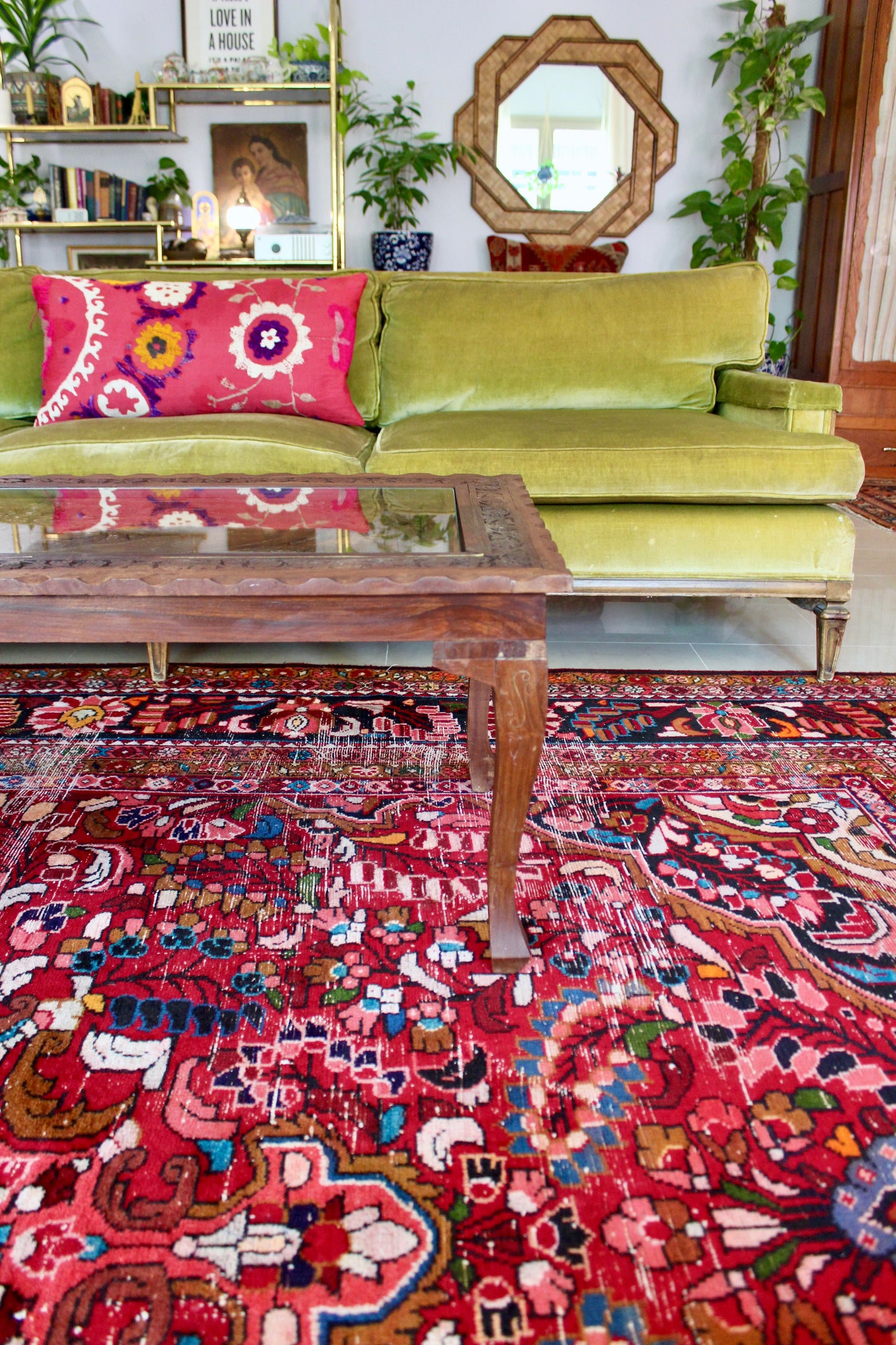Vintage Indian Hand-Carved Hardwood & Glass Coffee Table