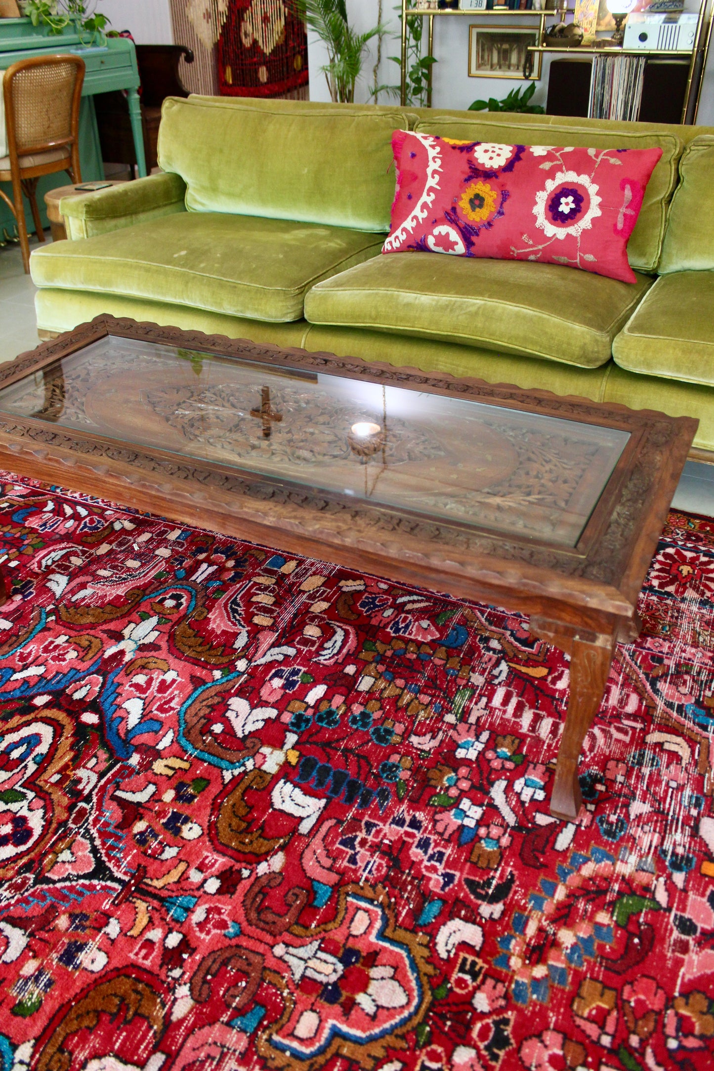Vintage Indian Hand-Carved Hardwood & Glass Coffee Table