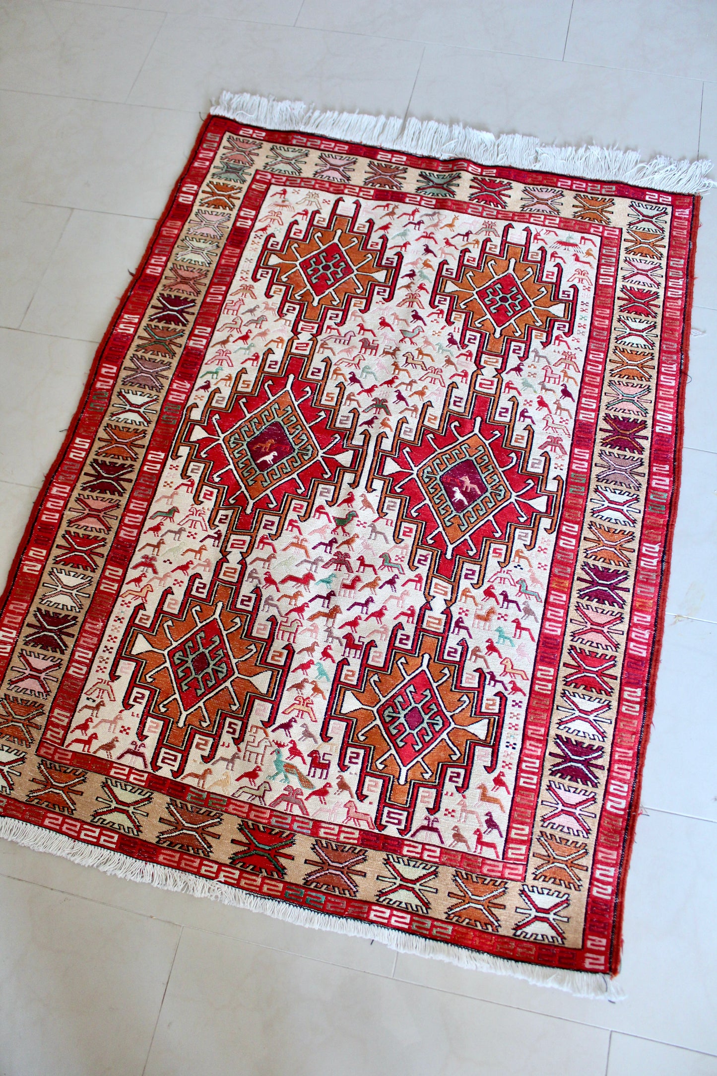 Vintage Handwoven Soumak-Style Rug with Animal Motifs