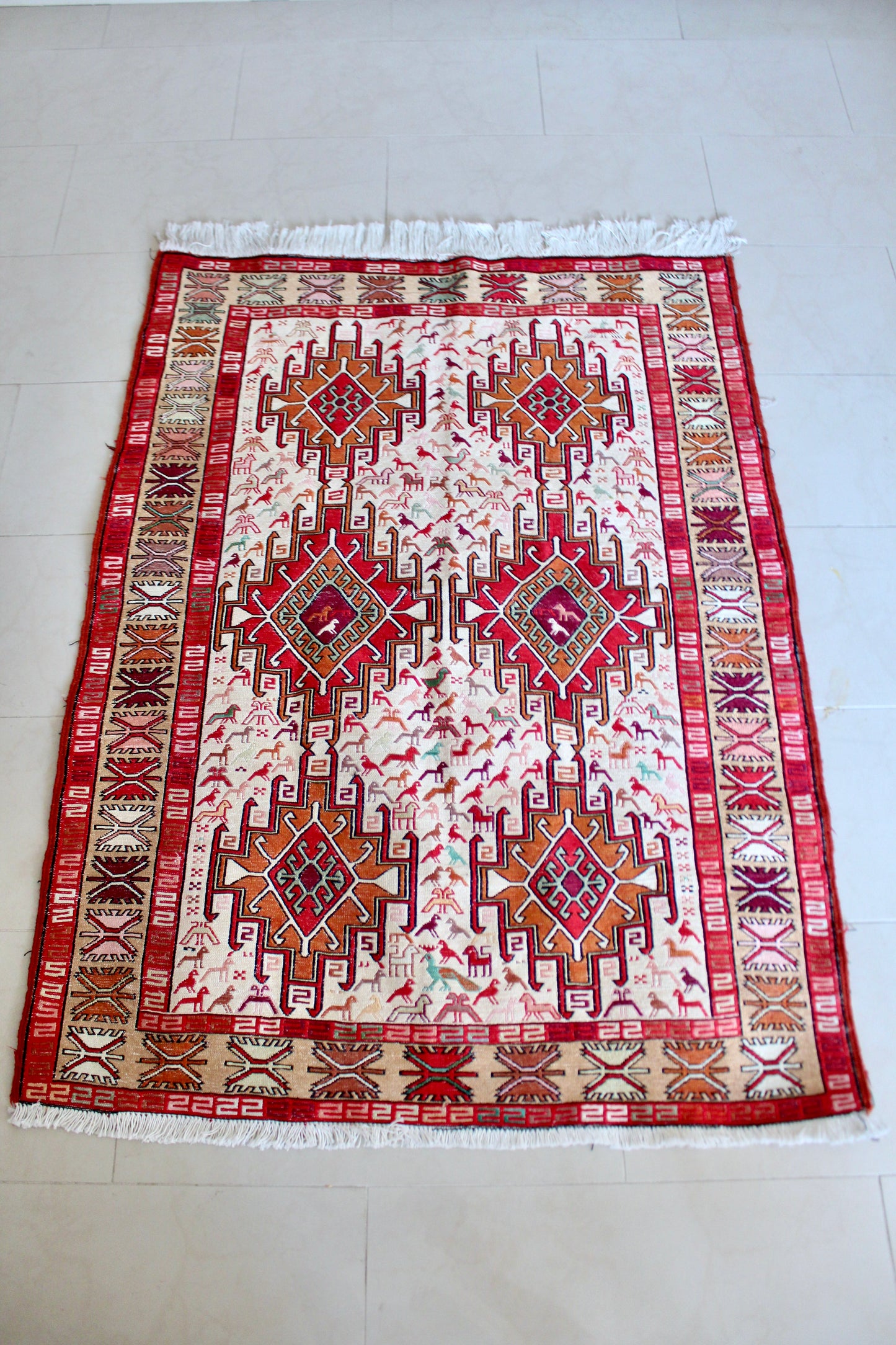 Vintage Handwoven Soumak-Style Rug with Animal Motifs