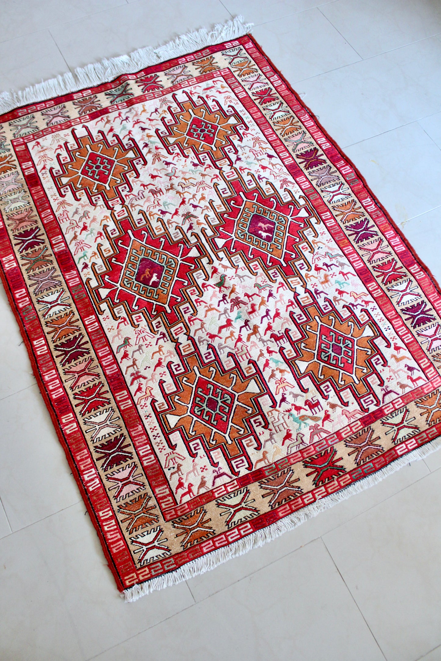 Vintage Handwoven Soumak-Style Rug with Animal Motifs