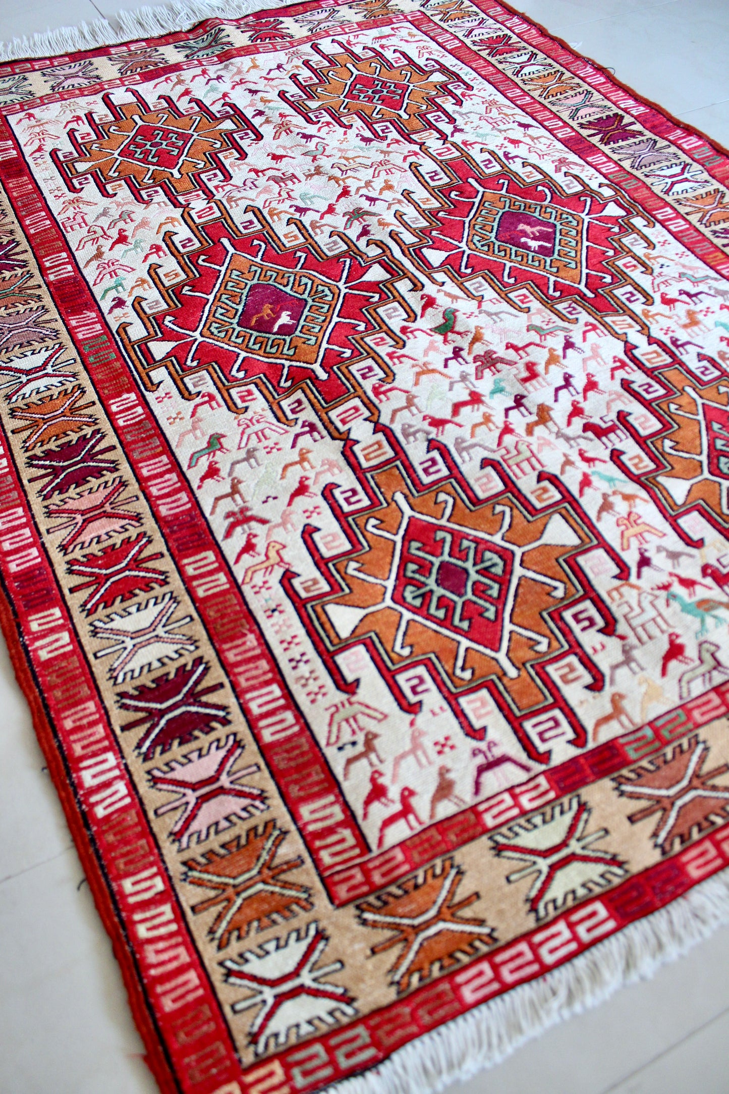 Vintage Handwoven Soumak-Style Rug with Animal Motifs