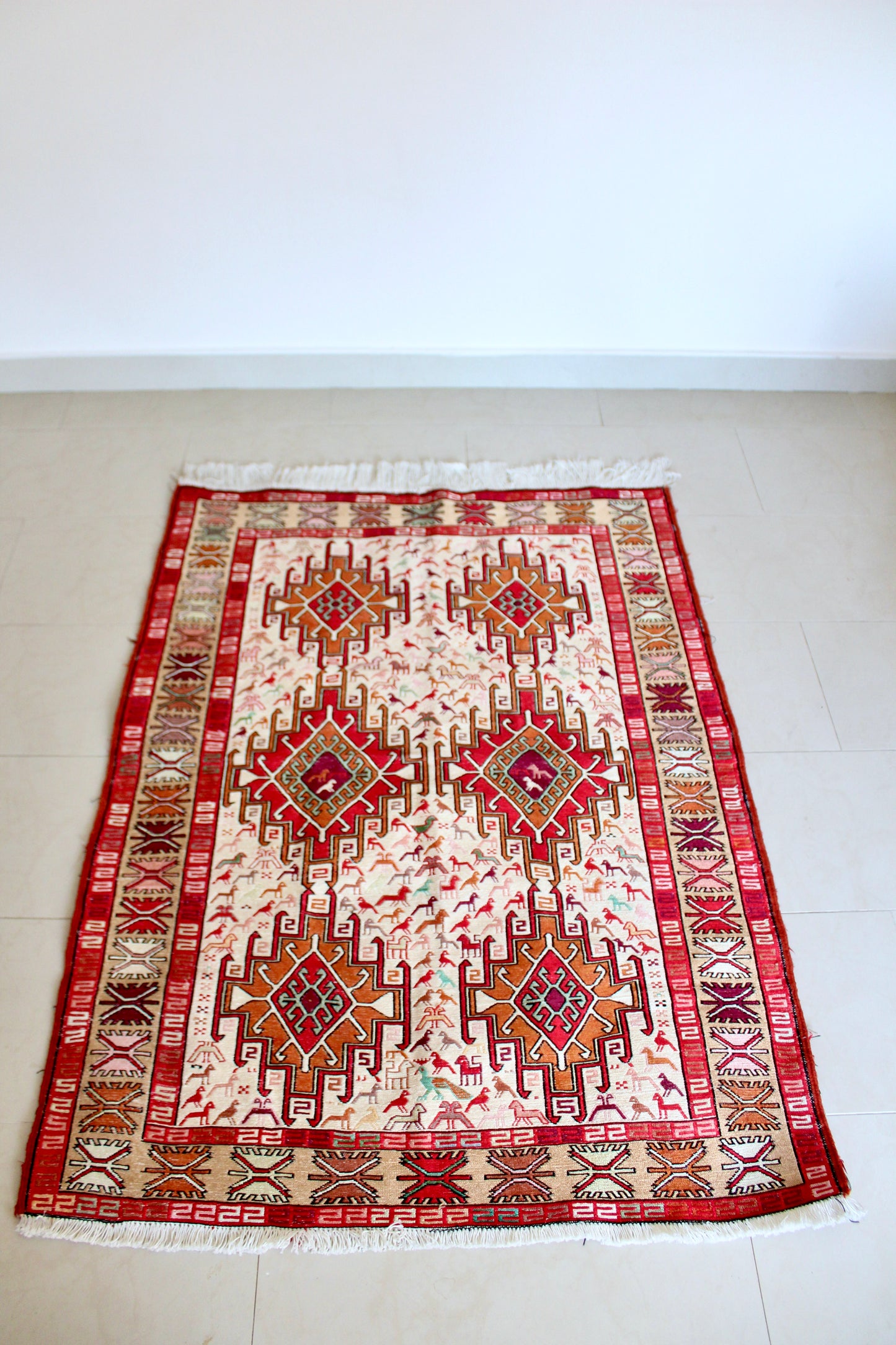 Vintage Handwoven Soumak-Style Rug with Animal Motifs