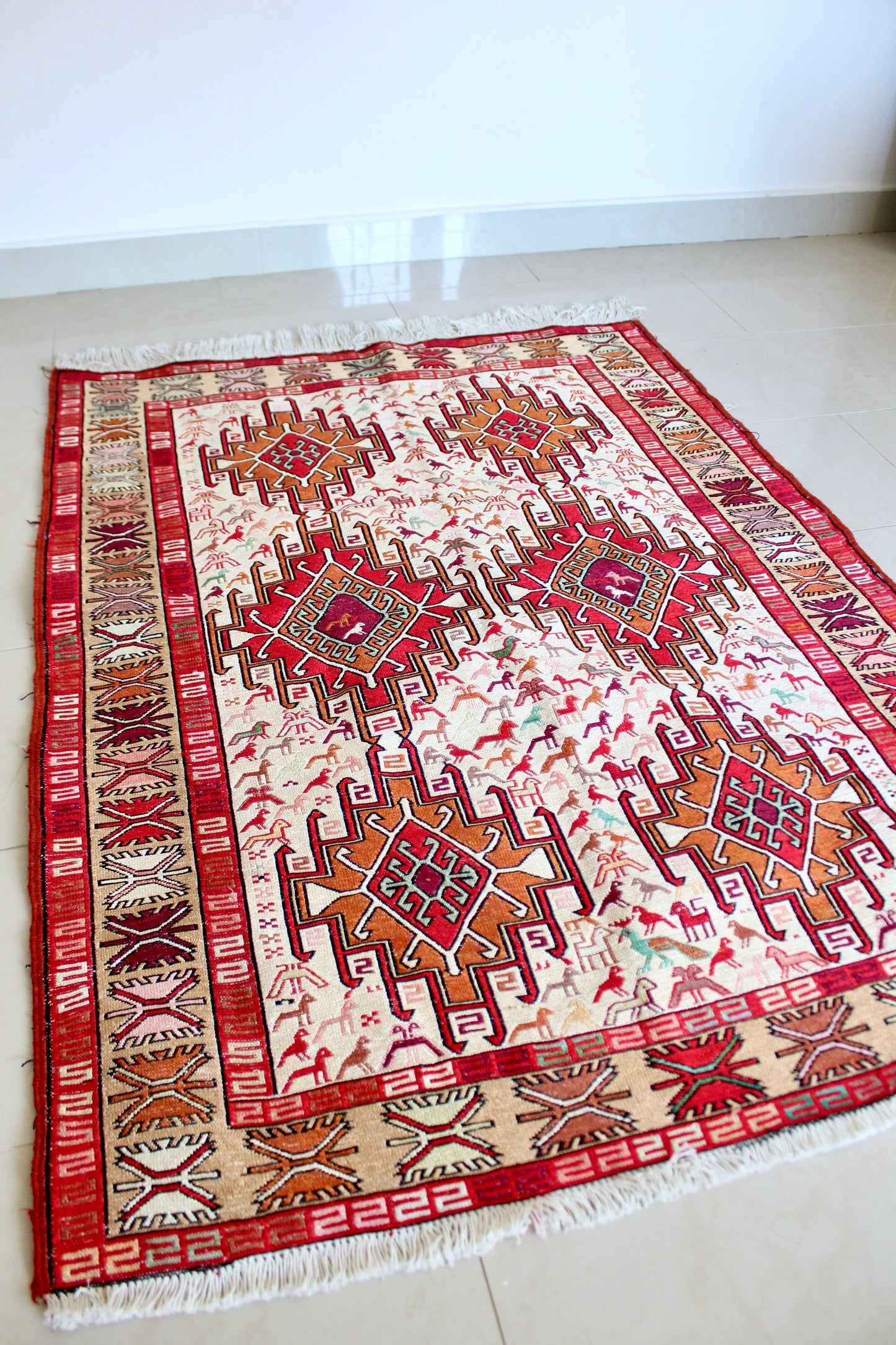 Vintage Handwoven Soumak-Style Rug with Animal Motifs