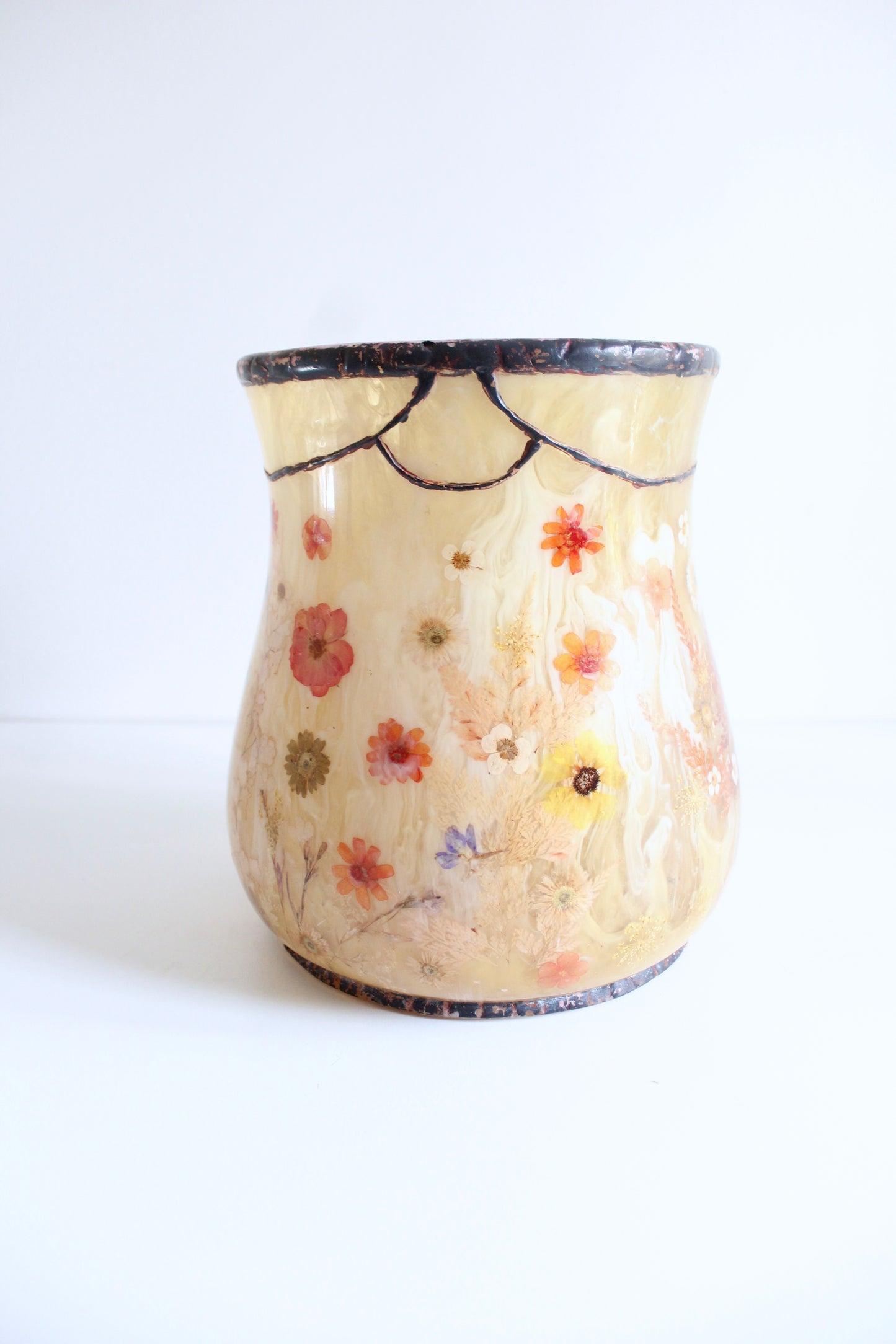 Vintage Pressed Flower Acrylic Vase/Waste Basket – c. 1970s