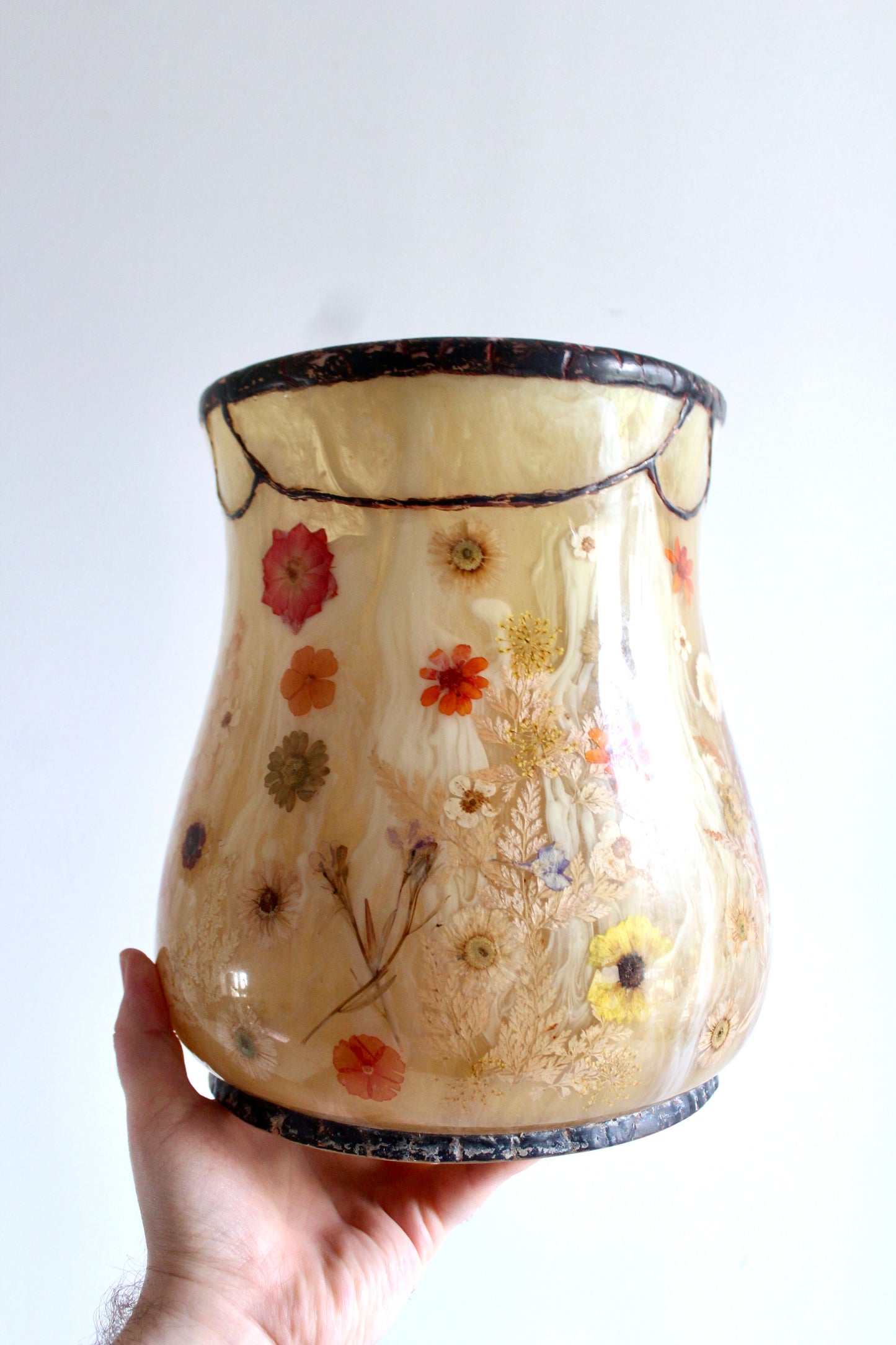 Vintage Pressed Flower Acrylic Vase/Waste Basket – c. 1970s