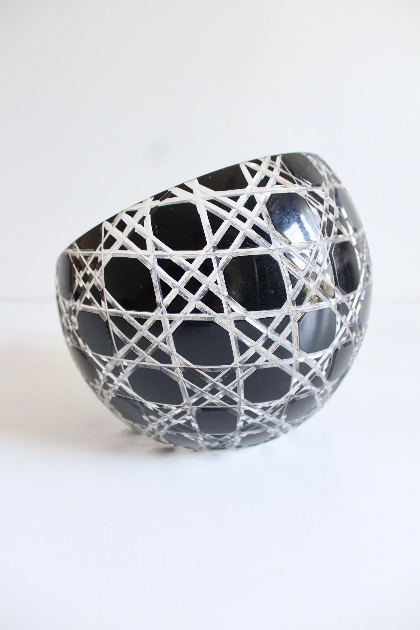 Vintage Bohemian Black Cut-to-Clear Crystal Bowl – c. 1970s