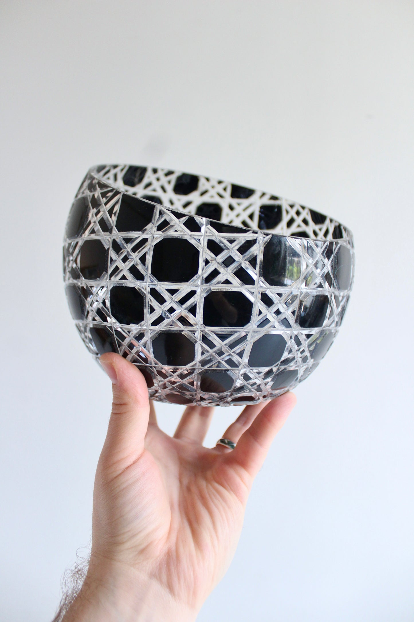 Vintage Bohemian Black Cut-to-Clear Crystal Bowl – c. 1970s