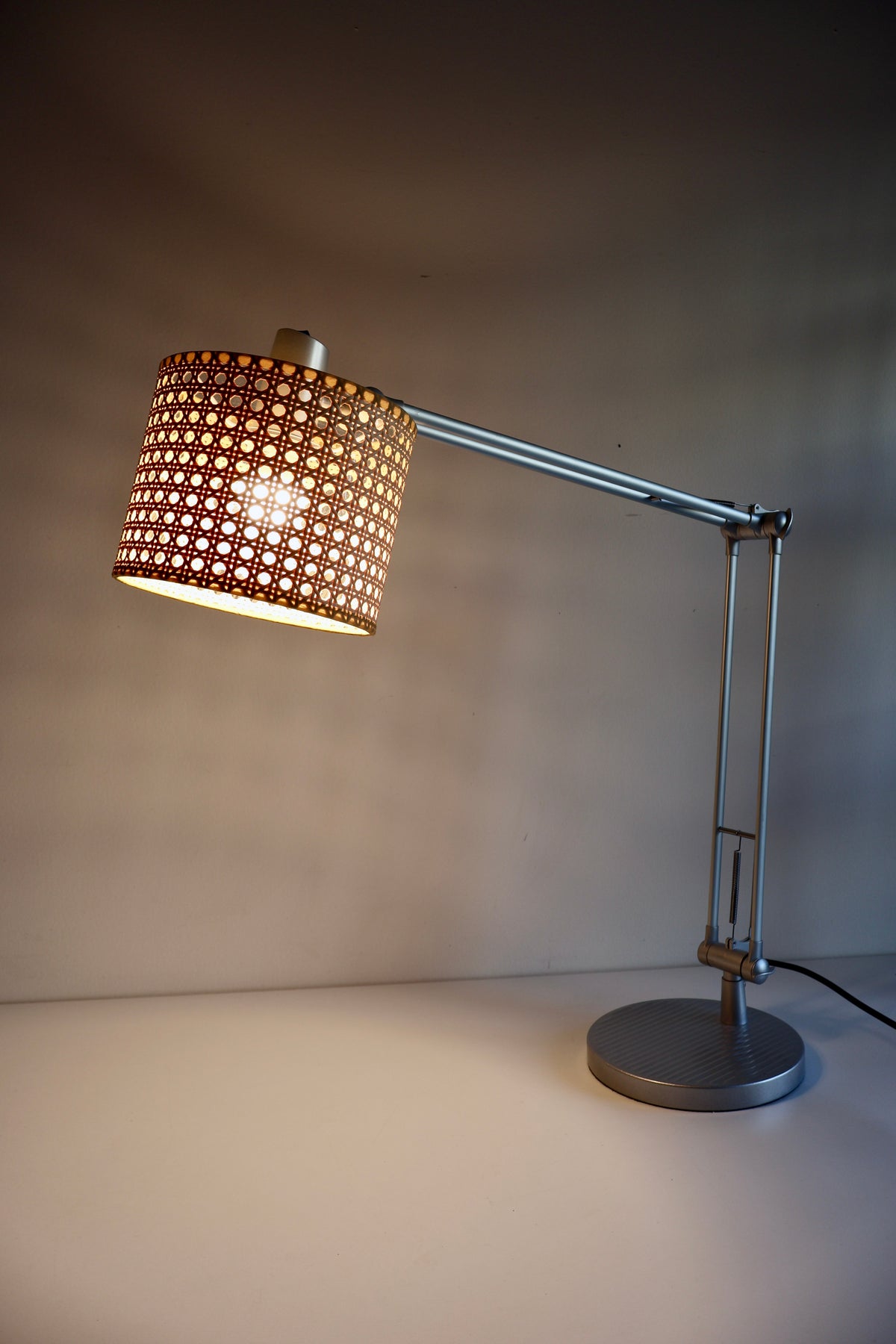 Vintage Adjustable Task Lamp with Woven Cane Shade | c. 1990s–2000s