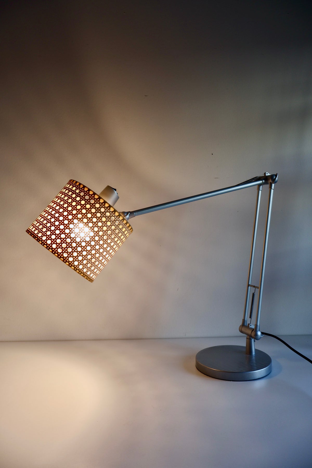 Vintage Adjustable Task Lamp with Woven Cane Shade | c. 1990s–2000s