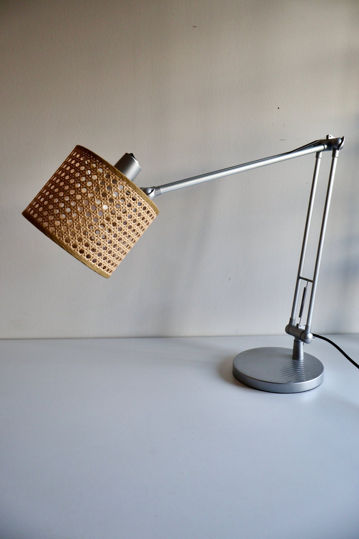 Vintage Adjustable Task Lamp with Woven Cane Shade | c. 1990s–2000s