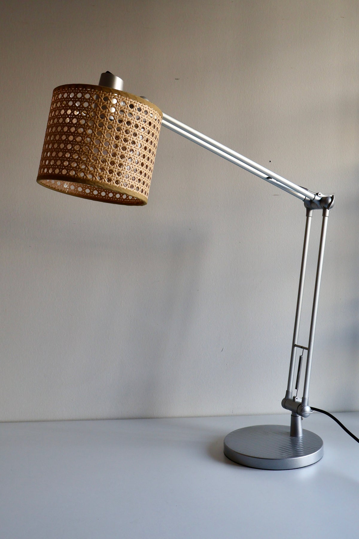Vintage Adjustable Task Lamp with Woven Cane Shade | c. 1990s–2000s