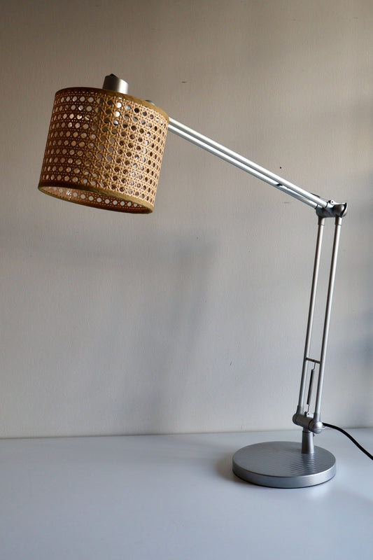 Vintage Adjustable Task Lamp with Woven Cane Shade | c. 1990s–2000s