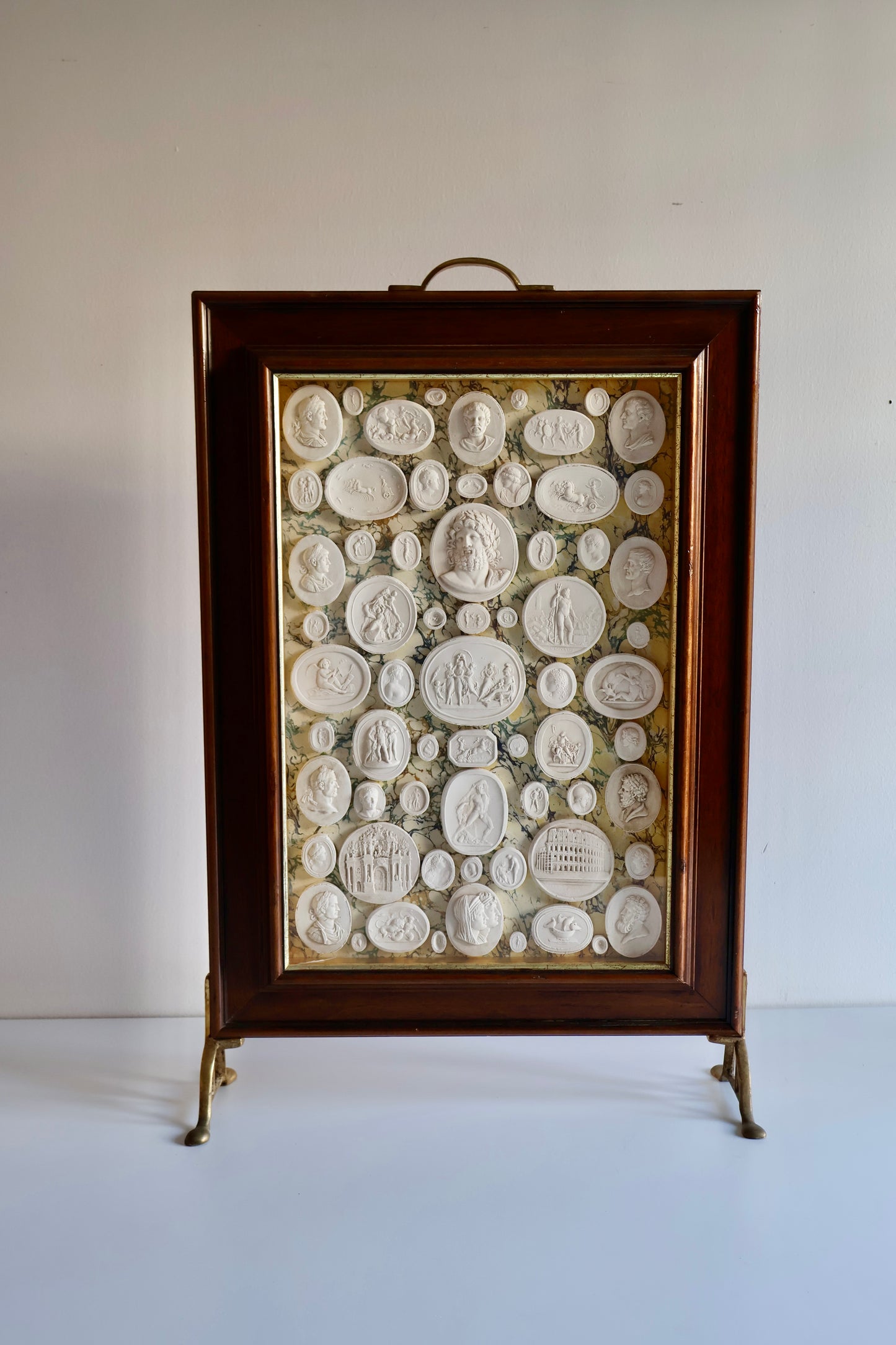 Vintage Grand Tour-Style Plaster Intaglio Collection in Mahogany & Brass Display Frame