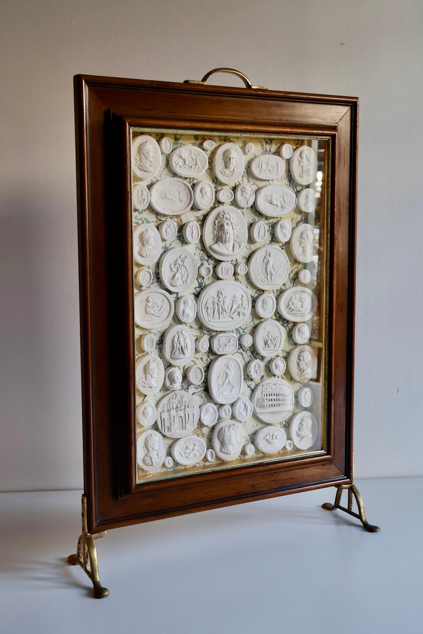 Vintage Grand Tour-Style Plaster Intaglio Collection in Mahogany & Brass Display Frame