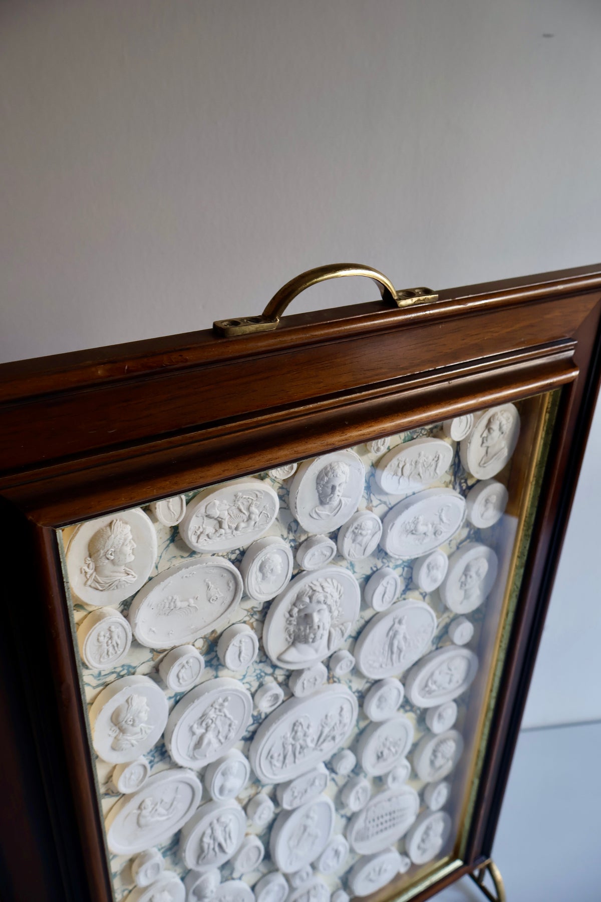 Vintage Grand Tour-Style Plaster Intaglio Collection in Mahogany & Brass Display Frame